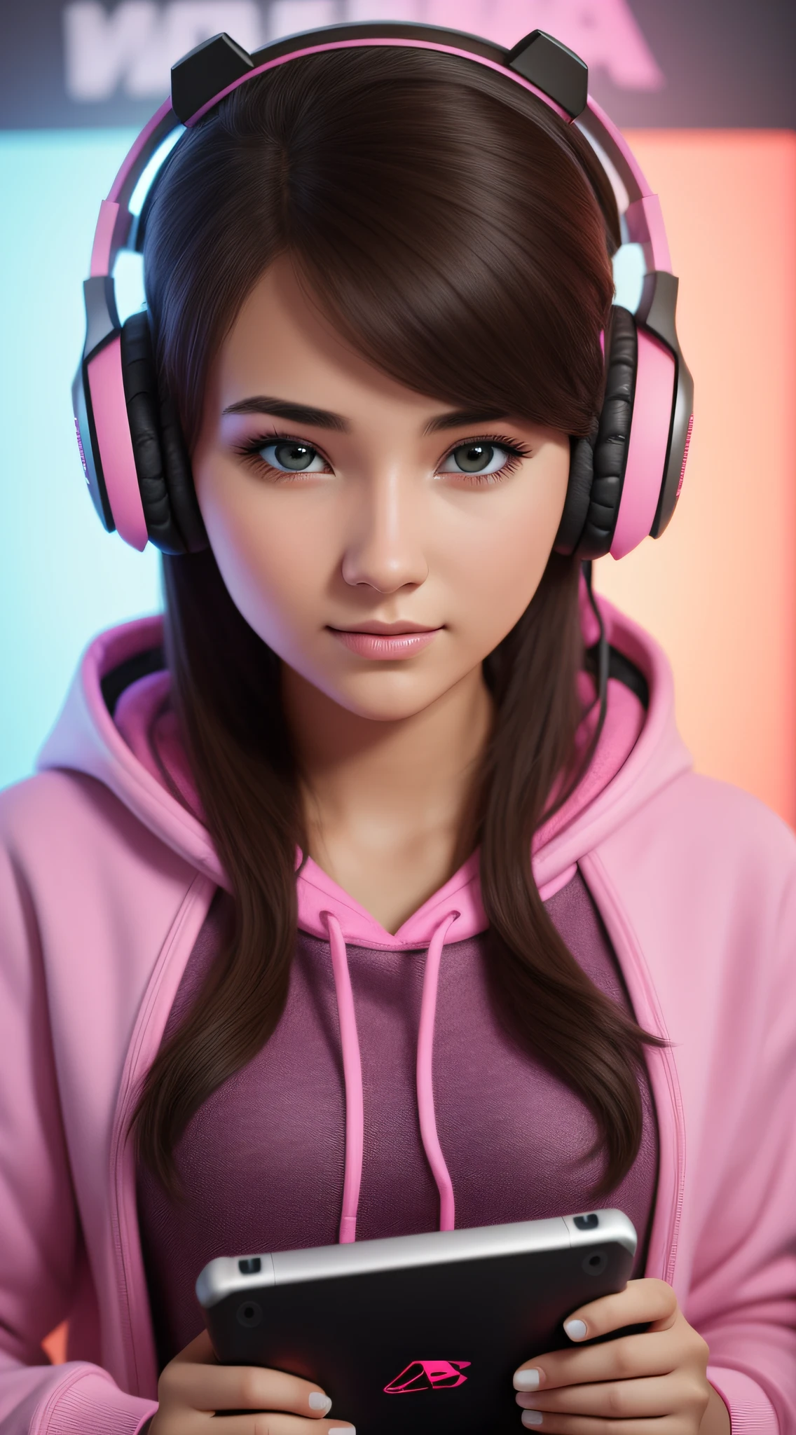Beautiful young woman with a gaming tablet in her hands, 25 years old, wearing a pink gaming headset, wearing a sweatshirt, gamer backdrop in blurred background, direct eye contact with camera, close-up image, hd, realistic, 8k