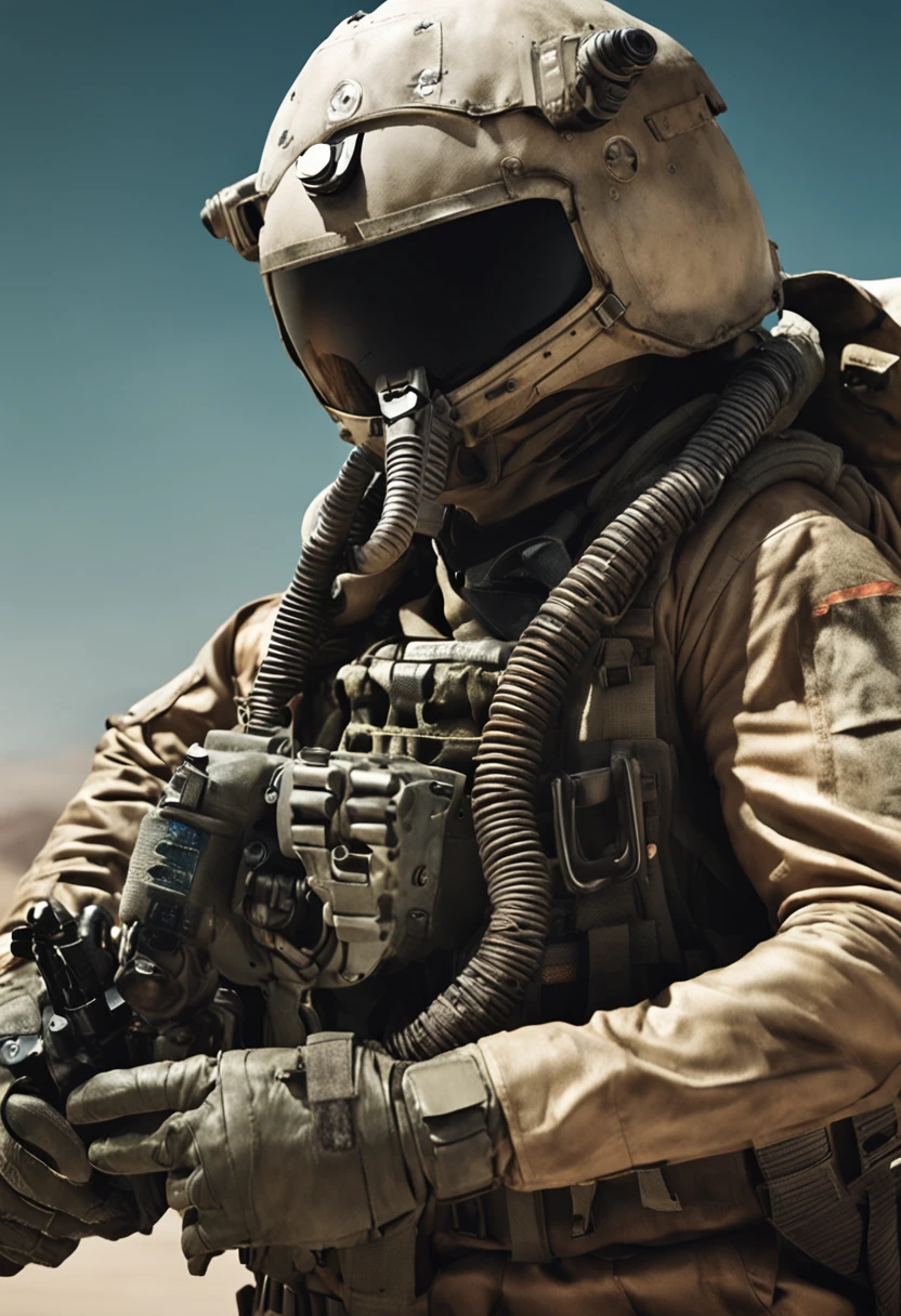 The pilot holds a combat helmet in his hand on the tarmac,Prepare to board a high-tech flying warplane,Sci-fi livery,High-tech weapons of war,Full of hope,epic sense,authentic
of shooting,Strong realism