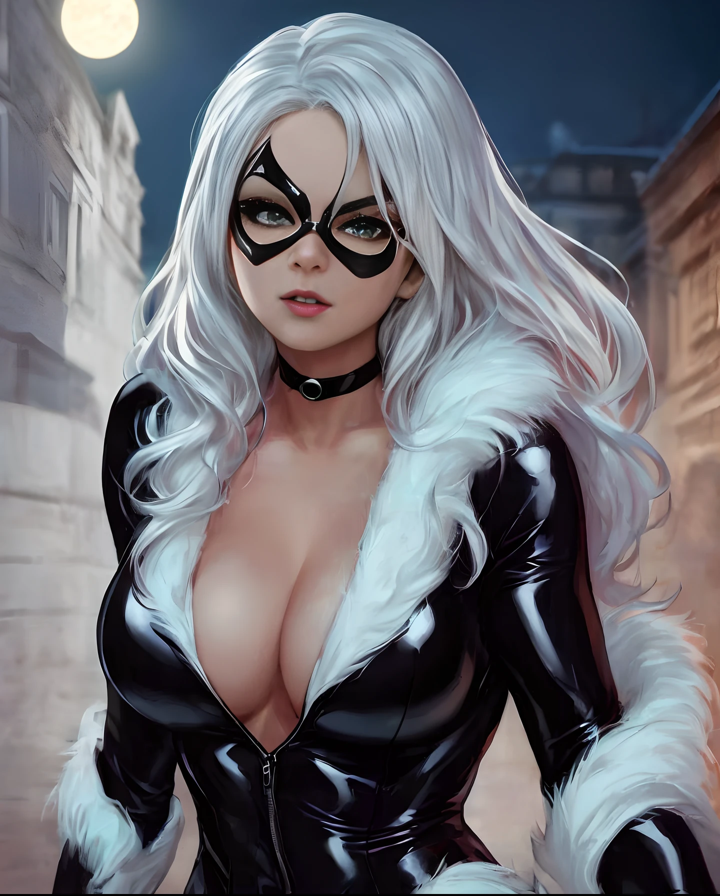 (masterpiece), realistic, HDR, highly detailed, 8k,
occlusion of the environment, natural composition, harmonious, cinematic poster of Felicia "Black Cat" female Marvel character Sexy, white hair, wearing mask of the fantasy "Black Cat", in dynamic and sensual pose under the moonlight. Wearing a black latex costume with white fur. Warm body, detailed face, realistic, highly detailed, large breasts, glowing skin
