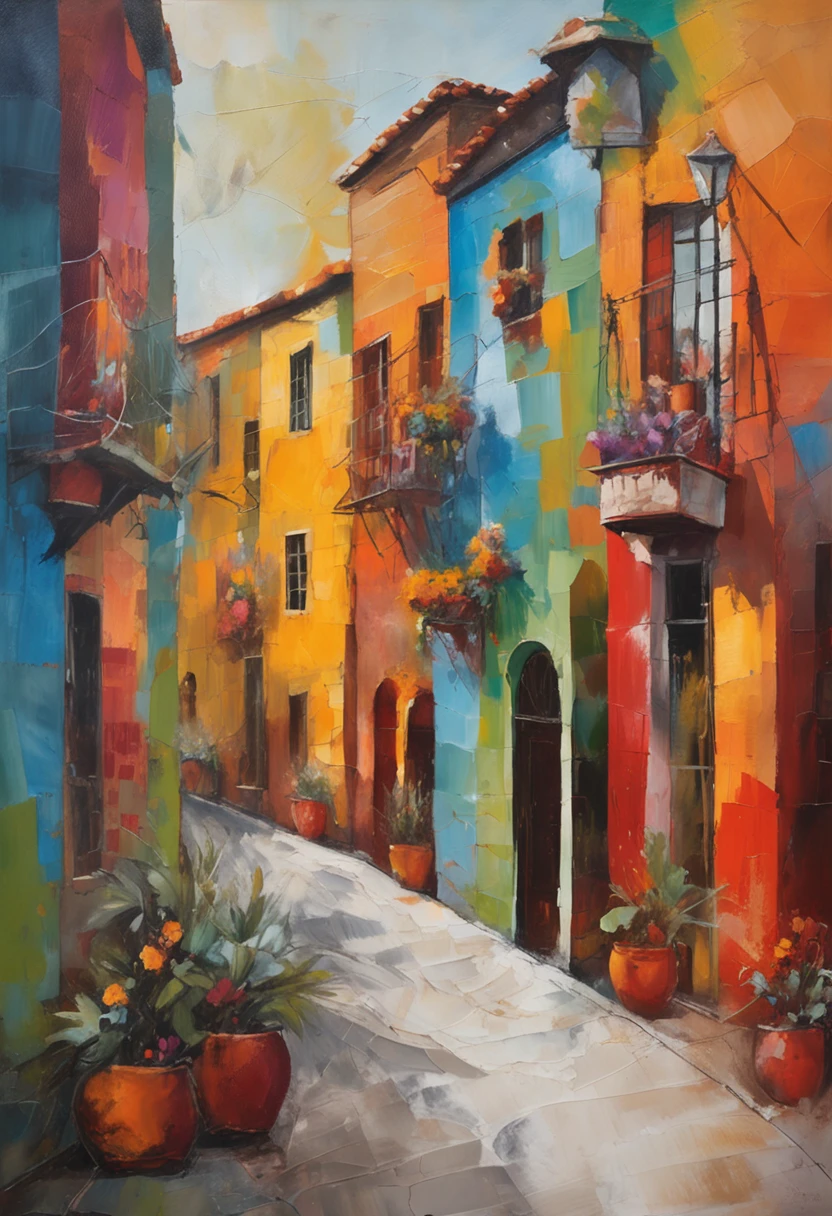 Charming cobblestone streets,Lined with quirky shops and cafes, Each façade of the building is painted with extravagant and vibrant murals,Cenas que retratam o folclore e a cultura local, Joy and artistic energy radiate from every corner, mixed media collage, Fotografia combinada com pintura digital