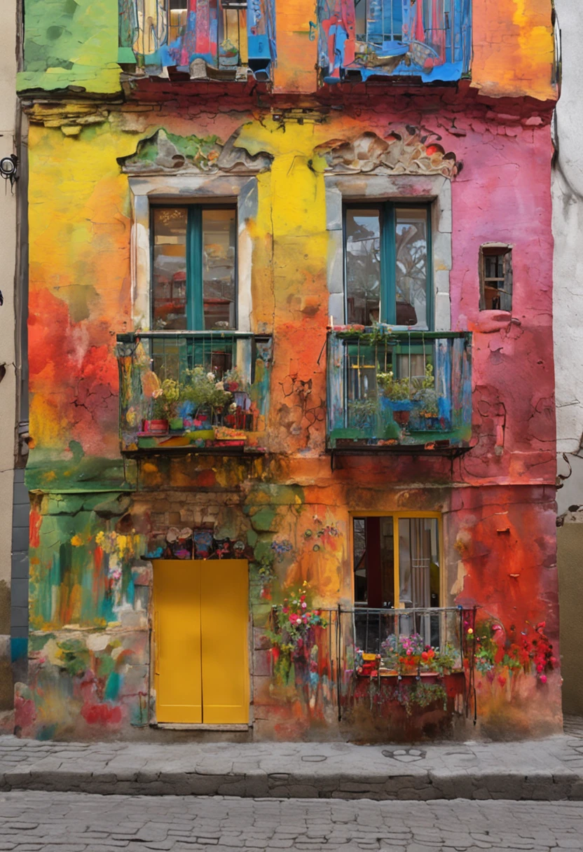 Charming cobblestone streets，Lined with quirky shops and cafes, Each façade of the building is painted with extravagant and vibrant murals，Cenas que retratam o folclore e a cultura local, Joy and artistic energy radiate from every corner, mixed media collage, Fotografia combinada com pintura digital