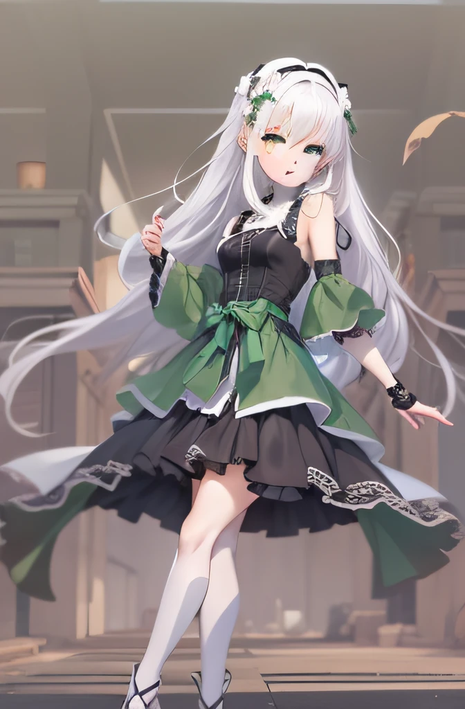 white hair, green eyes; , anime , pretty , anime , black and white dress