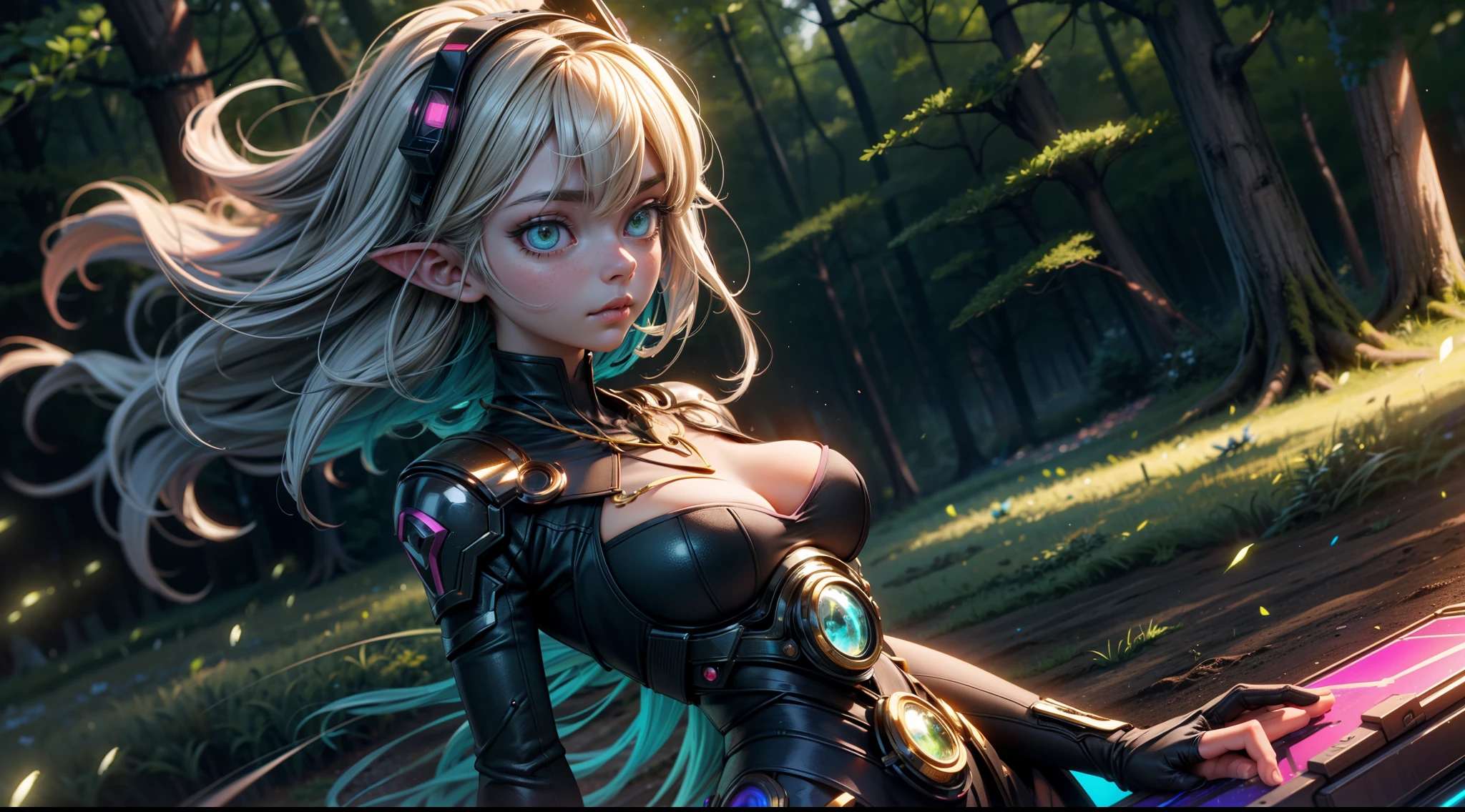 village field peasant woman, 24-year-old female, pointy ears, (face detail), magic lights, magic necklace, dress, (lacy), ((village))|((field))|((forest)), train on background, magic technologies, futurism, fantasy, cyberpunk, magic, silk, 1girl, masterpiece, best quality, decollete, natural breasts, slim body, zettai ryouiki, medium length hair, (beautiful detailed bright emerald eyes), portrait, (full body), (beautiful and aesthetic:1.2, fractal art:1.4), most realistic, hyper-realistic, RAW, highest quality, best quality, Detailed, Realistic, 4k highly detailed digital art, octane render, bioluminescent, (cool_color), best pixels, 8k ultra, extremely detailed CG unity 8k wallpaper, cinematic lighting