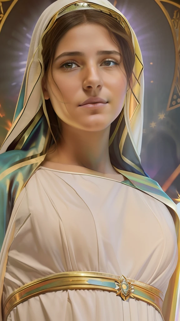 (Enfoque frontal), (En la oscuridad:1.6), (((Hyperrealistic portrait of the Virgin Mary))) por David Hockney y Alphonse mucha, fantasy art, foto realista, dynamic  lighting, Artstation, poster, volumetric illumination, Caras muy detalladas, 4 mil, premiado, 1chico, En la oscuridad, sombra profunda, clave baja, (ropa oficial: 1.4), Cabello largo,