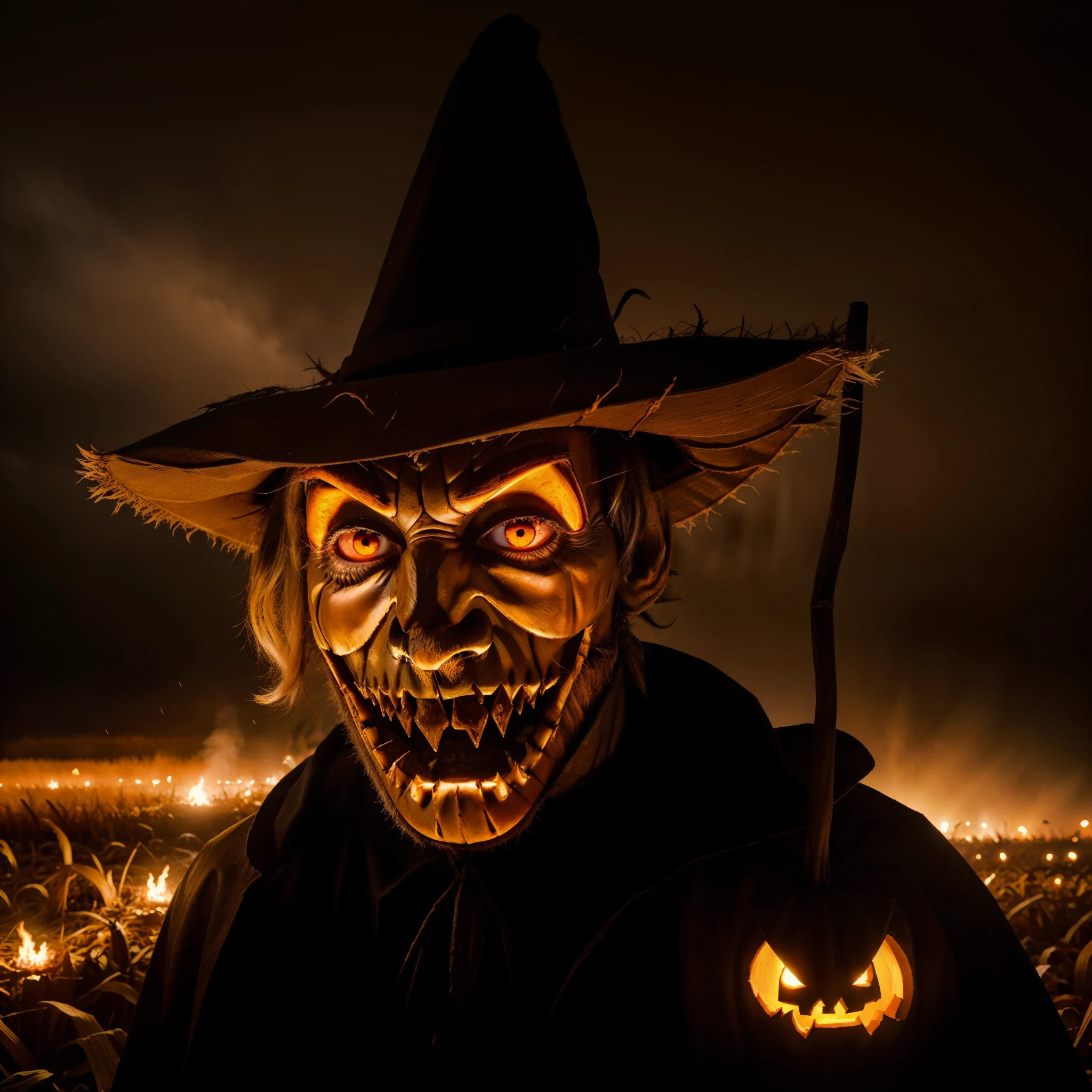 finally detailed, quality, (masterpiece:1.2), (best quality), (intricate details), a demonic scarecrow with a pumpkin, man, human, Jack O'Lantern as the Chief, straw, Night, autumn weather, dark, spooky, cornfield, burning field, rain, demonic, glowing red eyes, horror, spooky, pumpkin head, close-up, looking at viewer, man