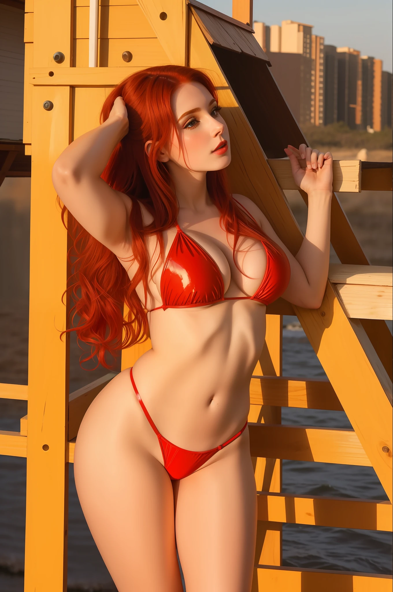 Arafed woman in a red bikini standing on a wooden platform, red bikini, Amouranth, mais conhecido como Amouranth, vermelho quente, vermelho vibrante, vermelho brilhante, tudo vermelho, pele vermelha lisa, shiny plastic bikini, gorgeous bikini model, red head, Redhead Girl, jovem Amouranth bonito, Anna Nikonova aka Newmilky, Garota sexy