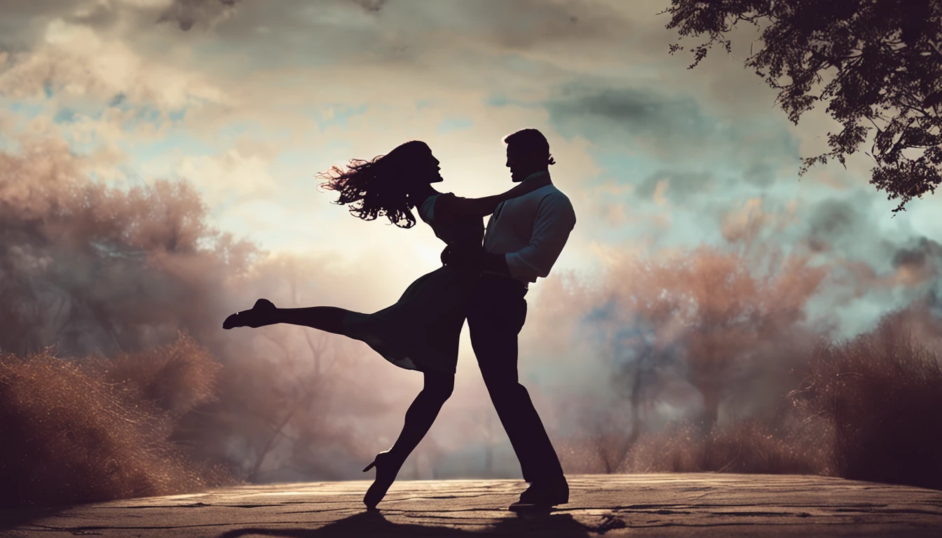 Pareja Bailando en la Oscuridad: Create an illustration of a couple dancing in the dark, rodeados de destellos de luz que resaltan sus movimientos elegantes.Solo observaba su danzar, entre pasos a pasos se deslizaban como si estuvieran flotando, The wind in complete harmony with the dancers was.