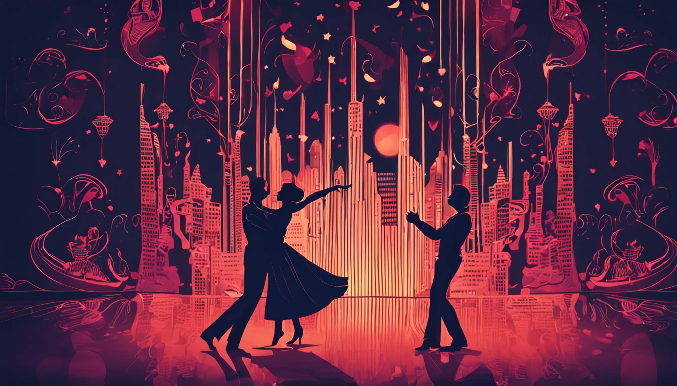 Pareja Bailando en la Oscuridad: Create an illustration of a couple dancing in the dark, rodeados de destellos de luz que resaltan sus movimientos elegantes.Solo observaba su danzar, entre pasos a pasos se deslizaban como si estuvieran flotando, The wind in complete harmony with the dancers was.