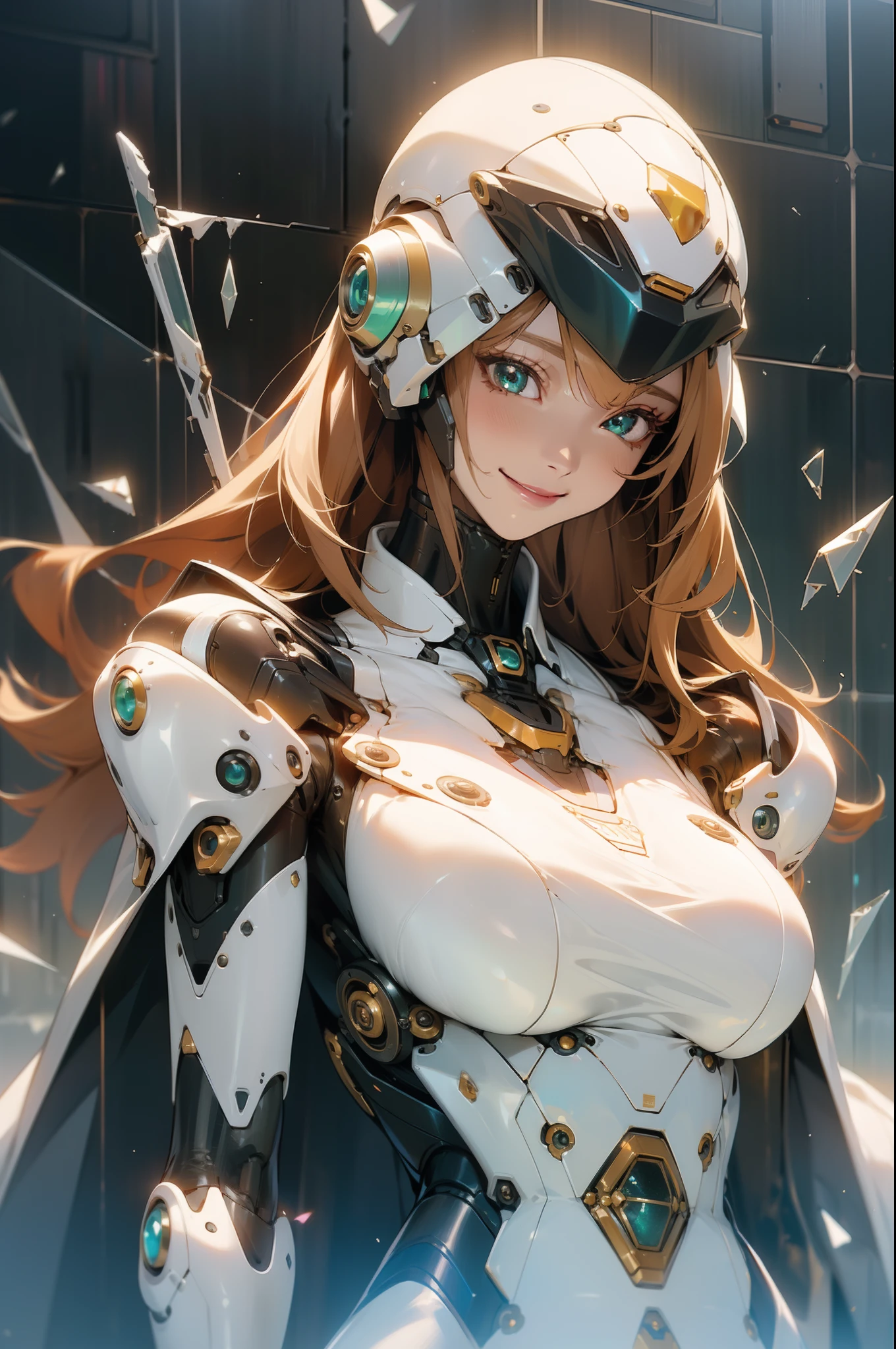 Best quality, masterpiece, highres, broken shards of glass, reflective, glitter, cool egdy, smile, woman, long hair, sexy, intricate, cinematic, macha, robotic, futuristic, advanced, perfect female anatomy, matrix, cybernetics, hydraulics, militaristic, cloths, robes, closeup