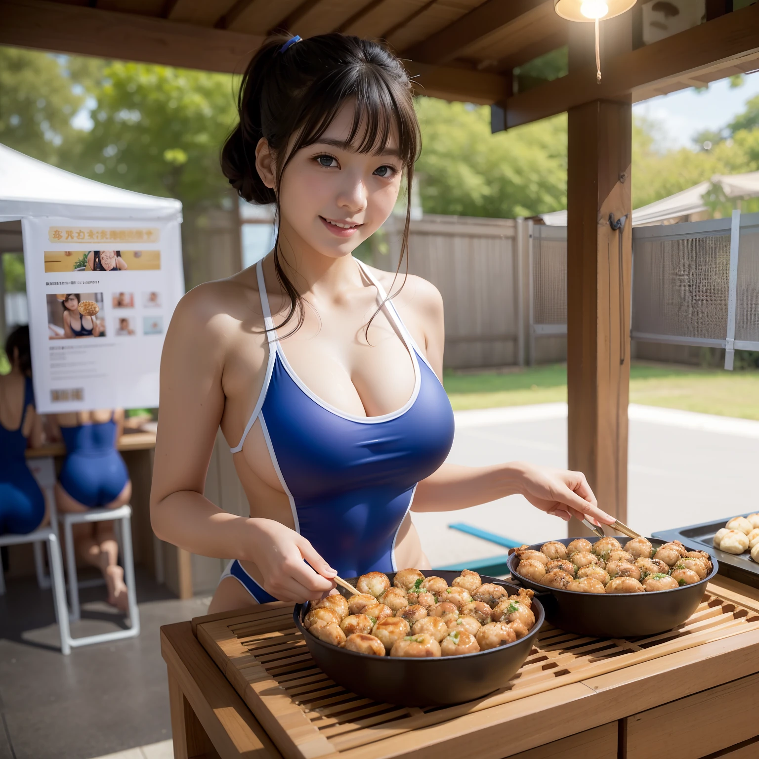 Grilling takoyaki at a stall、School swim wear、onepiece swimsuit、toppless、T back、Peeking at cleavage from above、Shot from the front、Colossal tits、Shaded face、独奏、Blue eyes、A slight smil