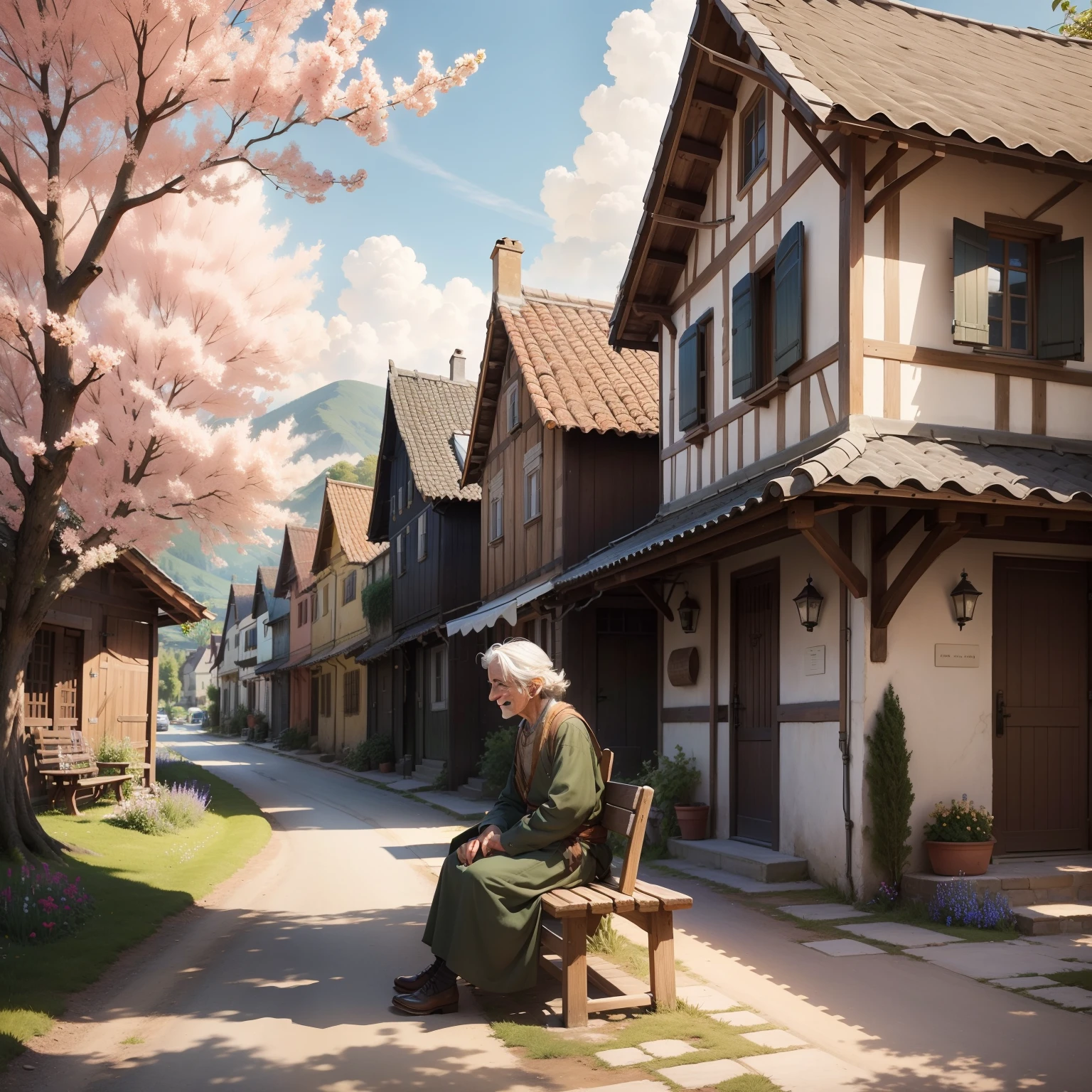1. **Starting Scene: Village and Old Sage Elio** - An image of the quiet village with wooden houses and colorful flowers. - A smooth transition to show wise old Elio, sitting on a bench under a tree, smiling gently.