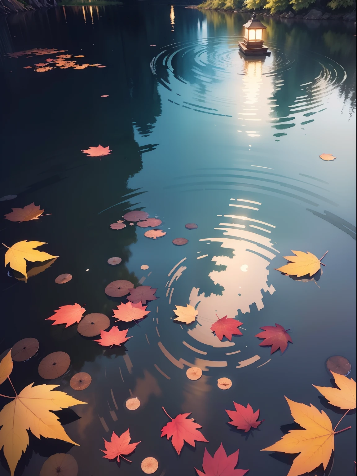 masterpiece,watercolor paiting,Screenfill of water,Maple leaves floating on the surface of the water,landscape illustration,Unmanned illustration,Stunning reflections,it is night,I see the stars,I see the moon,it is night
