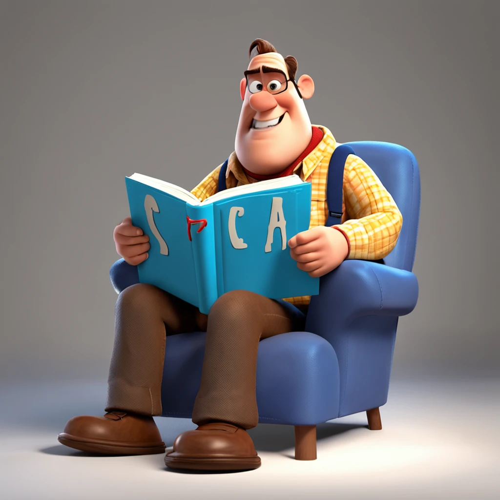 white background, pixar 3D cartoon, man reading a book, ::style pixar cartoon