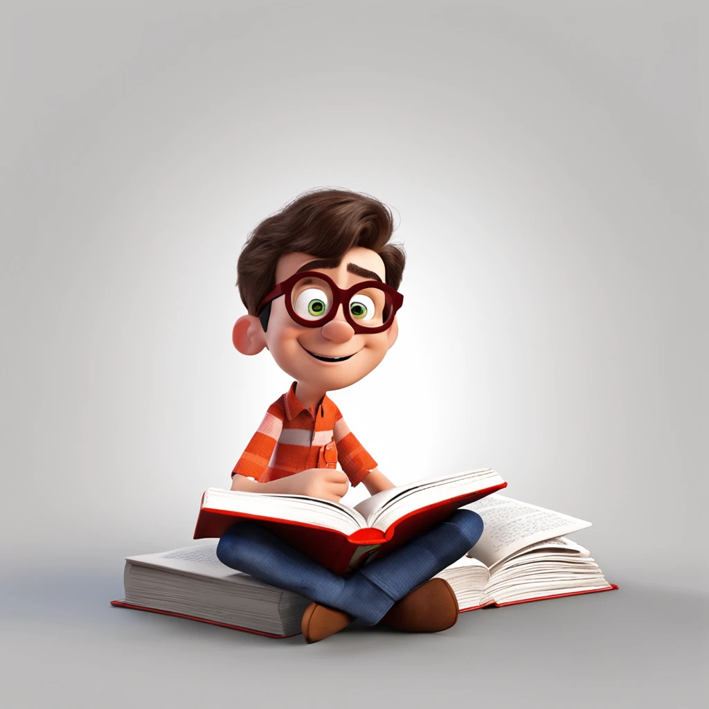 white background, pixar 3D cartoon, man reading a book, ::style pixar cartoon