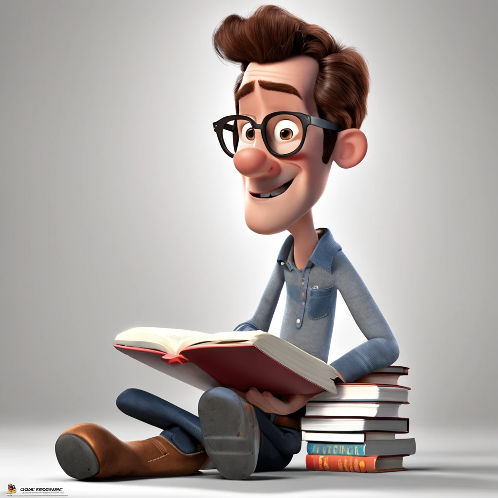 white background, pixar 3D cartoon, man reading a book, ::style pixar cartoon