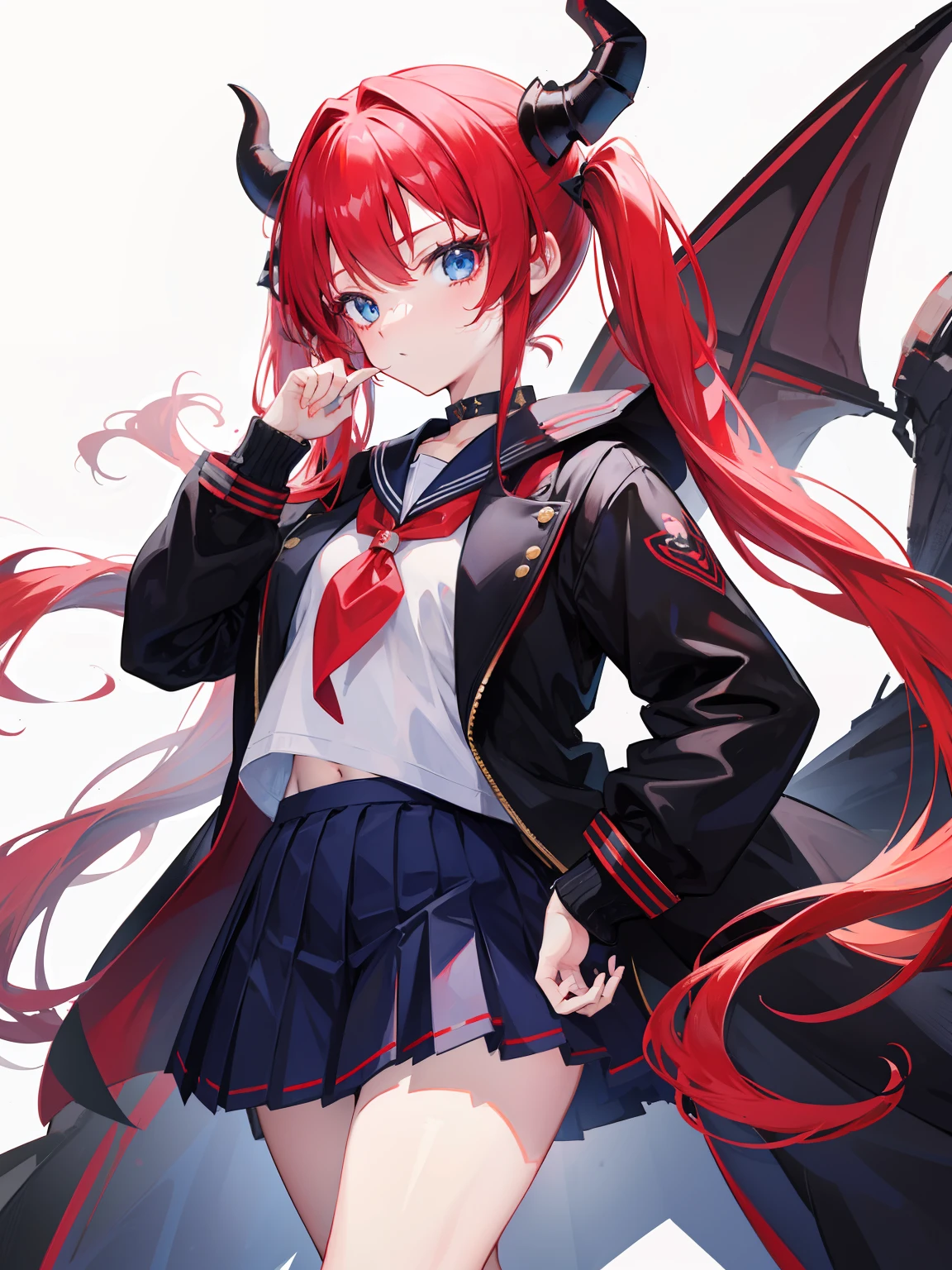 red hair, blue eyes, twintails, Sailor suit,black coat, Dragon horns,Pleated skirt,solo,li,cute,bow