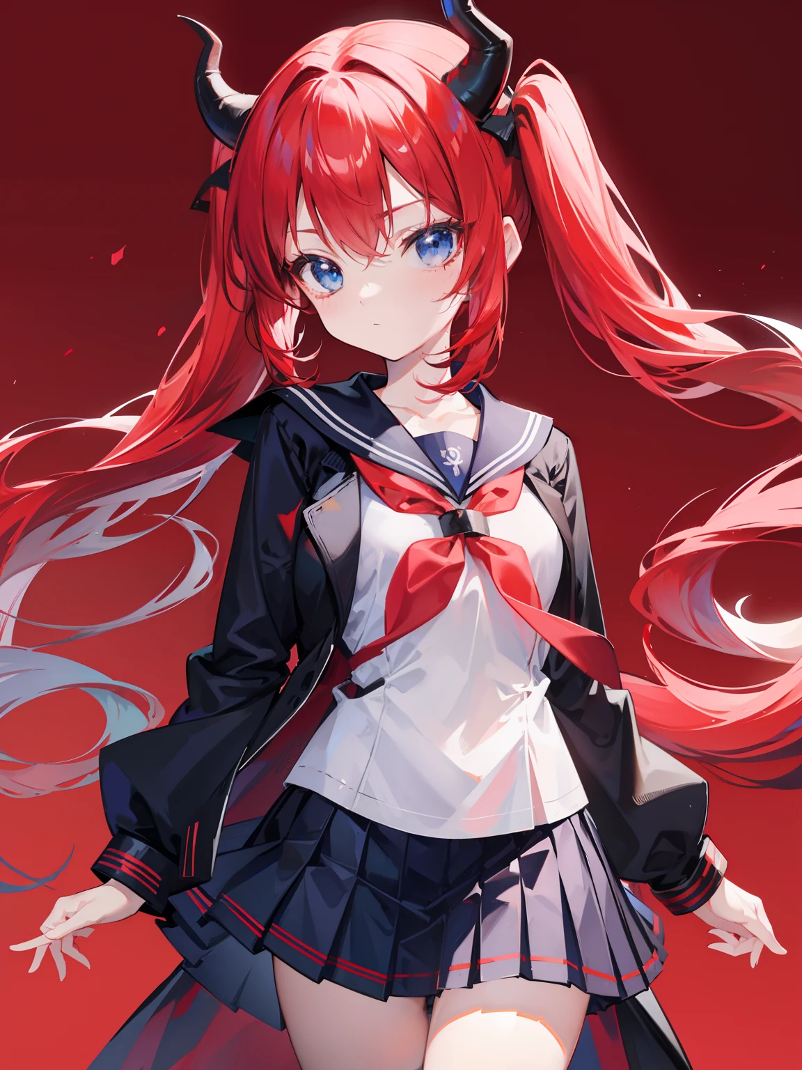 red hair, blue eyes, twintails, Sailor suit,black coat, Dragon horns,Pleated skirt,solo,loli,cute,bow