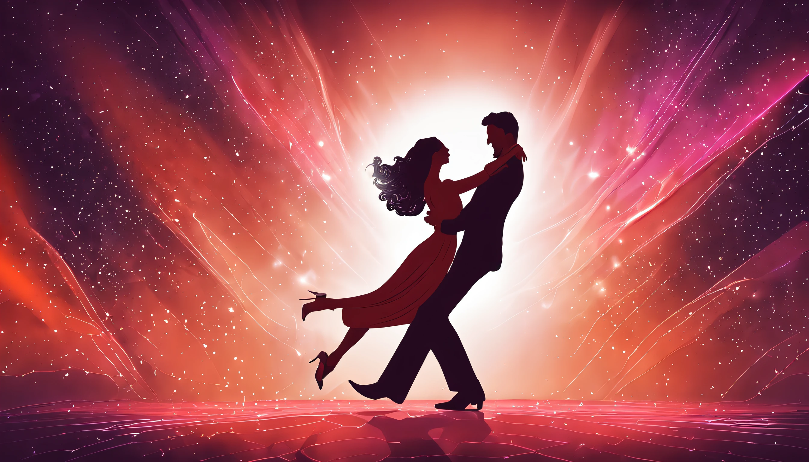 Pareja Bailando en la Oscuridad: Create an illustration of a couple dancing in the dark, rodeados de destellos de luz que resaltan sus movimientos elegantes.Solo observaba su danzar, entre pasos a pasos se deslizaban como si estuvieran flotando, The wind in complete harmony with the dancers was.