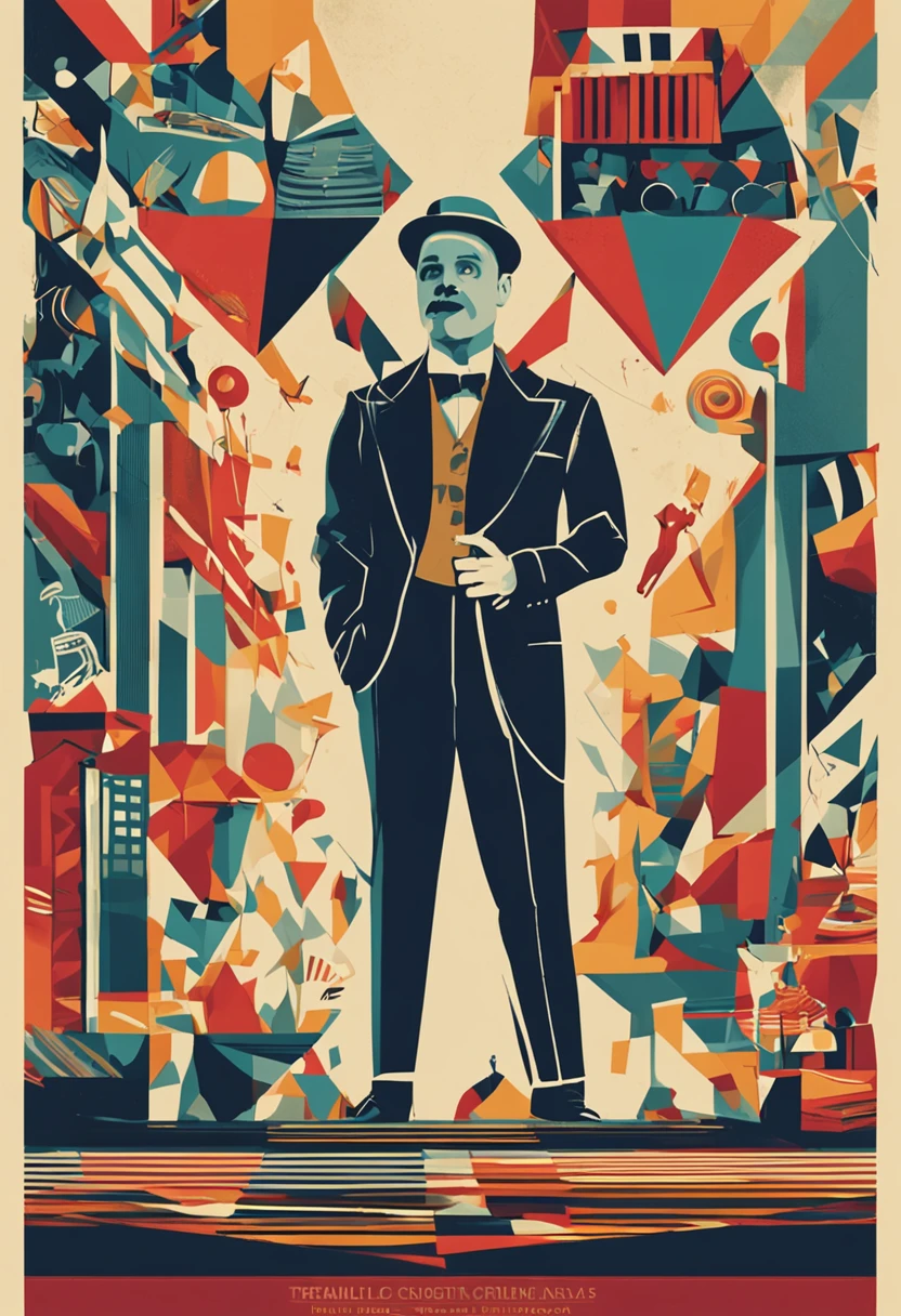 Estilo Cubista: A cena de "Tempos Modernos" in which Charlie Chaplin's character is stuck on a production treadmill, dismembered into geometric shapes and overlapping angles to convey the social critique present in the film :: style cubista