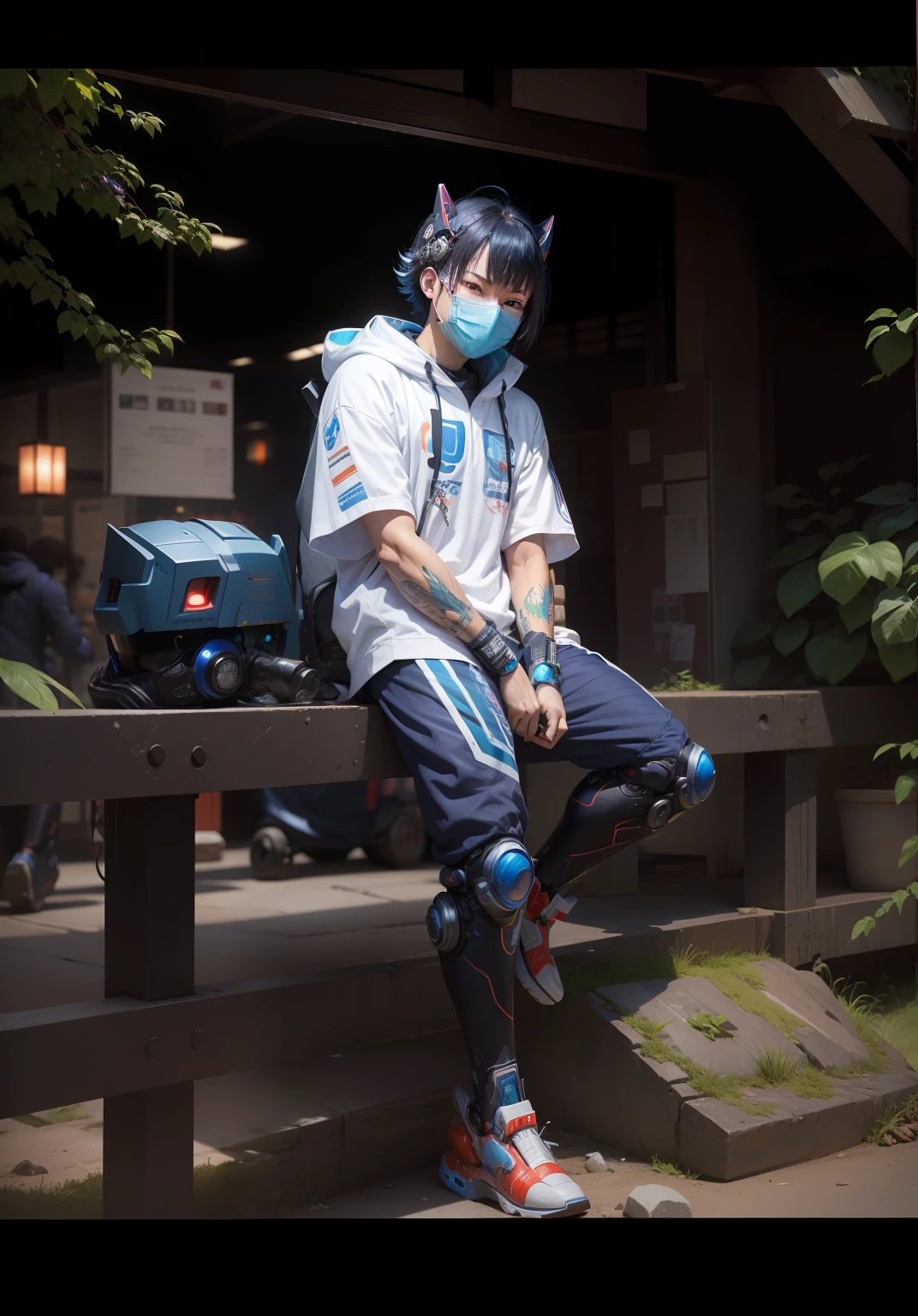 high resolution, high detailed, colorful vibes, cinematograpy, aura, ultra realistic, professional digital photo, wear futuristc mecha suits, use face mask Japanese oni, blue ambient,