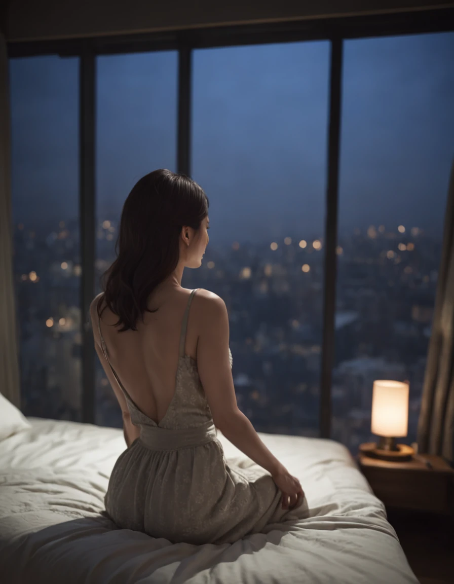 Lying in bed、Women who wake up only the upper body,Backshots,, during night, calm night, stylised illustration, Being in a room in a luxury apartment, From the side, stylized silhouette、One stroke、Behind the scenes looking out over the city、The upper body is not wearing anything、backs、Put on a futon up to your waist、A dark-haired、natta、nighttime scene、posterior view、sad、Staring out the window、Don't show your face、Status Awakening、Rear view