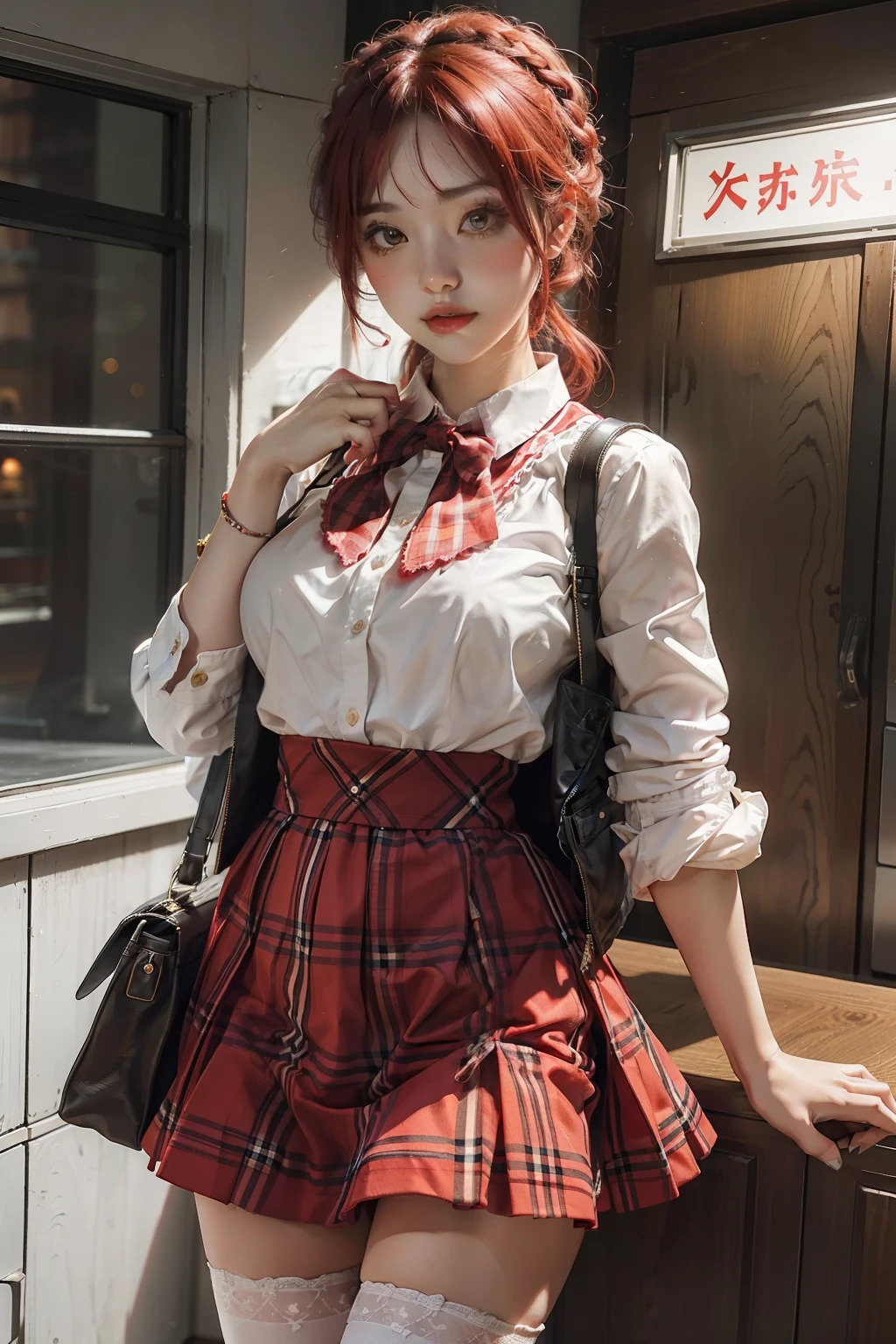 A lovely girl,20yr old,Strawberry pattern shirt,red-plaid-short-skirt,whitestocking,light red hair,Highly saturated clothing,Fashionab,Heavy makeup