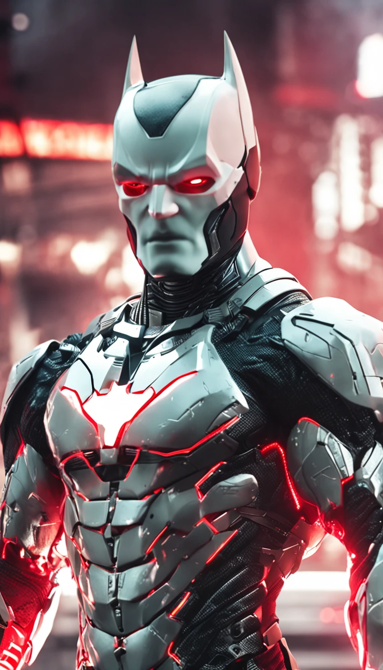 Um batman verde, Realistic white and red in a titanium cybernetic suit, detalhado, designe perfeito, alta qualidade arestas perfeitas e simetricas ::n_desenho de estilo, Low-quality imperfection, boneco, jogo, anime