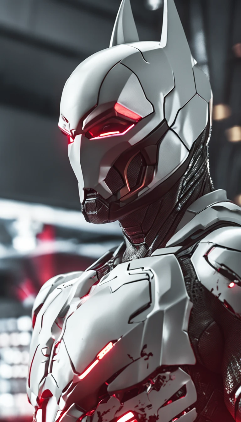 Um batman verde, Realistic white and red in a titanium cybernetic suit, detalhado, designe perfeito, alta qualidade arestas perfeitas e simetricas ::n_desenho de estilo, Low-quality imperfection, boneco, jogo, anime