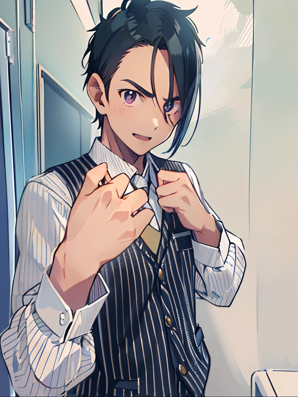 Anime boy wearing a vest and tying a tie, shigenori soejima illustration, Handsome Anime Pose, anime handsome guy, ryuta ueda artwork, handsome guy in demon slayer art, Kentaro Miura Manga Art Style, Male anime style, young anime man, Anime portrait of a handsome man, 2 d anime style, detailed anime character art, Official art