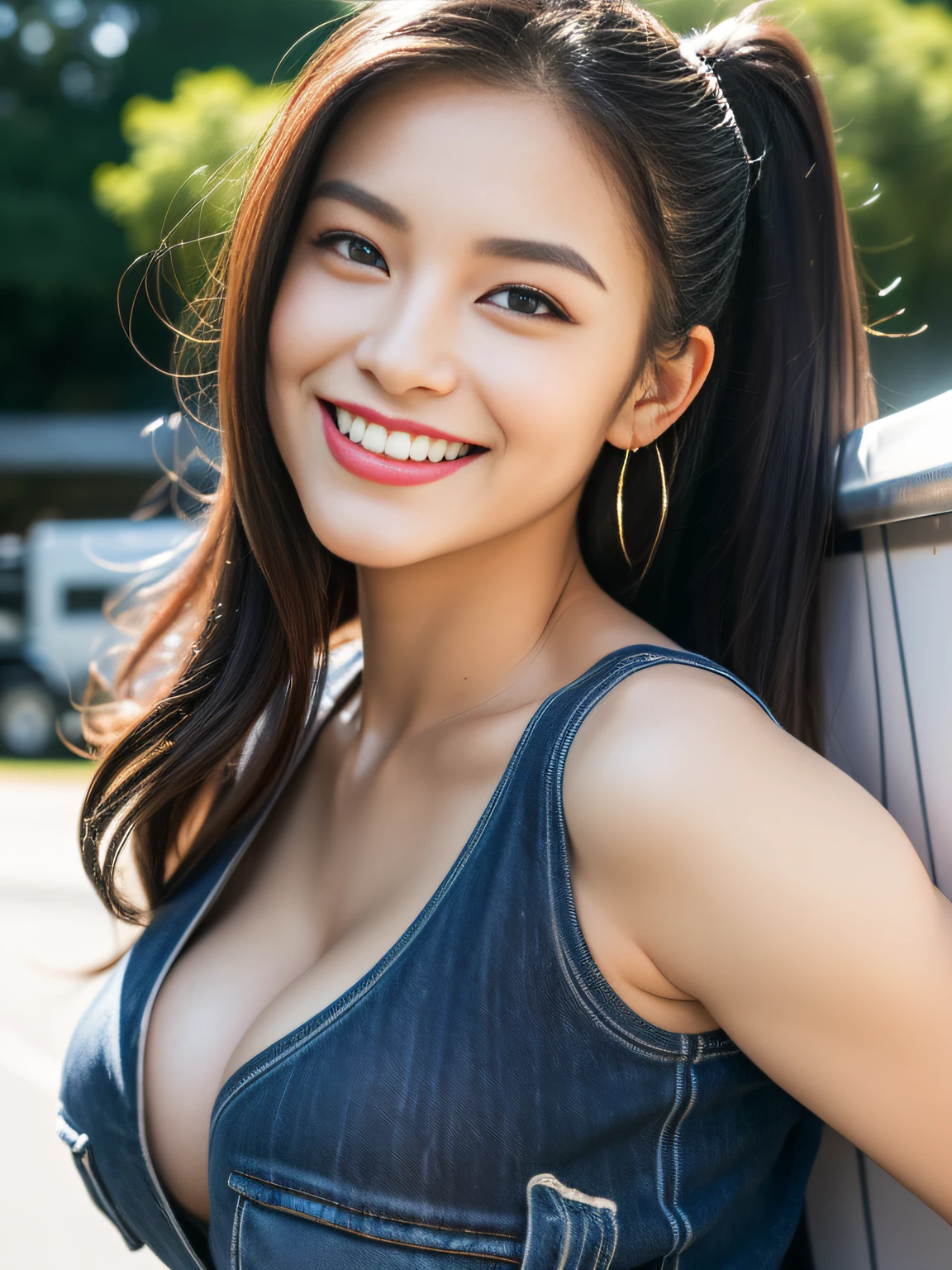 Female 1、Wild cute beautiful girl、20yr old、(Sporty fashion)、(muscular body type)、Muscular thighs、(((Heavy Truck Trailer Driver)))、Beautiful face, eyes and skin with exquisite detail、fine black hair、(small tits)、(cleavage of the breast)、(open-chested)、Ponytail Baseball Cap、(Smile at the camera)、(America's transcontinental)、profetional lighting、BREAK、(realisitic、Photorealsitic:1.37)、8K、(((Take a photo on a conboy background)))、(((Professional drivers)))、(masterpiece)、(top-quality:1.4)、 (超A high resolution:1.2)、(Raw photography:1.2)、perfect anatomia、4 fingers and 1 thumb、Ultra detailed backgrounds、(Wallpapers by Unity 8K)