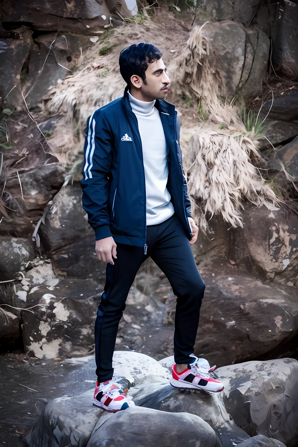arafed man standing on a rock in front of a rocky wall, wearing adidas clothing, full body photogenic shot, man in adidas tracksuit, full body portrait shot, mid shot portrait, chappie in an adidas track suit, mohamed chahin style, standing on rocky ground, wearing a track suit, profile shot, full body photograph, cinematic full body shot