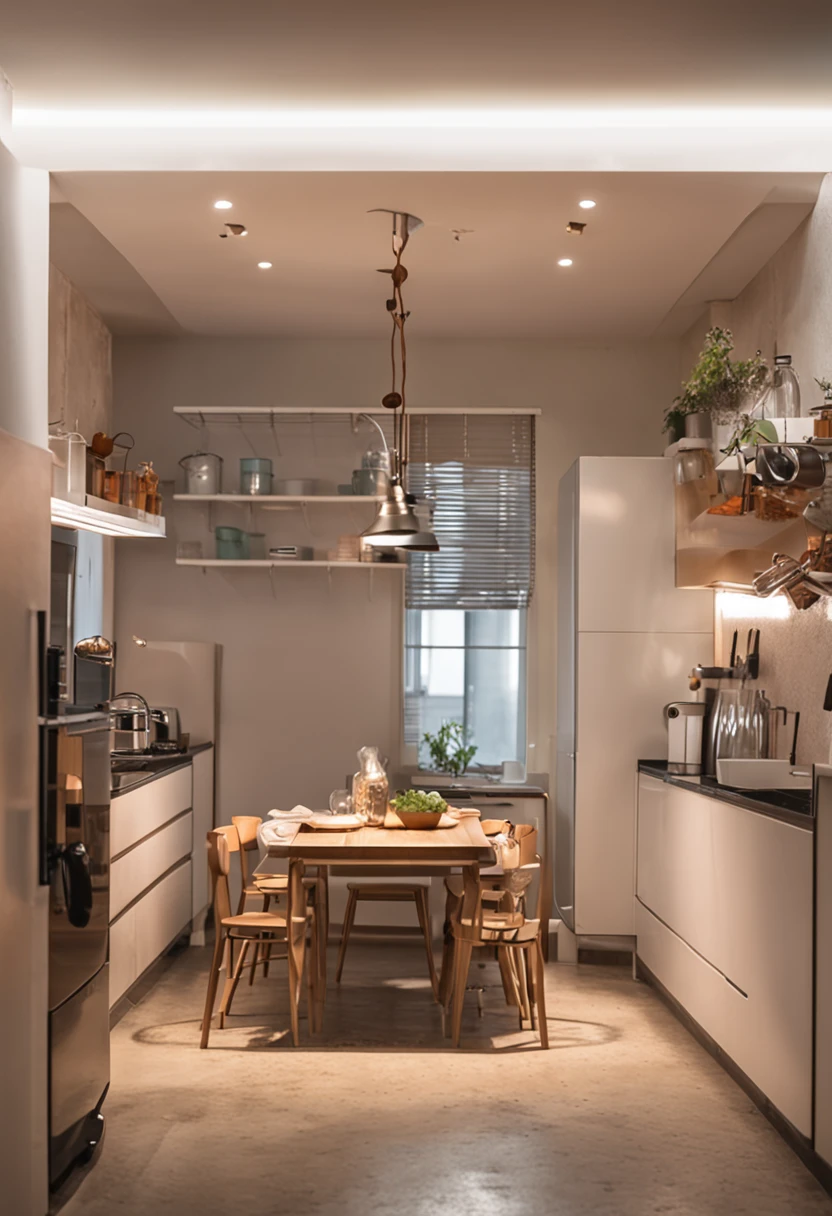 Create a small kitchen with planned furniture, luz de led sobre a pia, Modern household appliances, luz ambiente agradavel