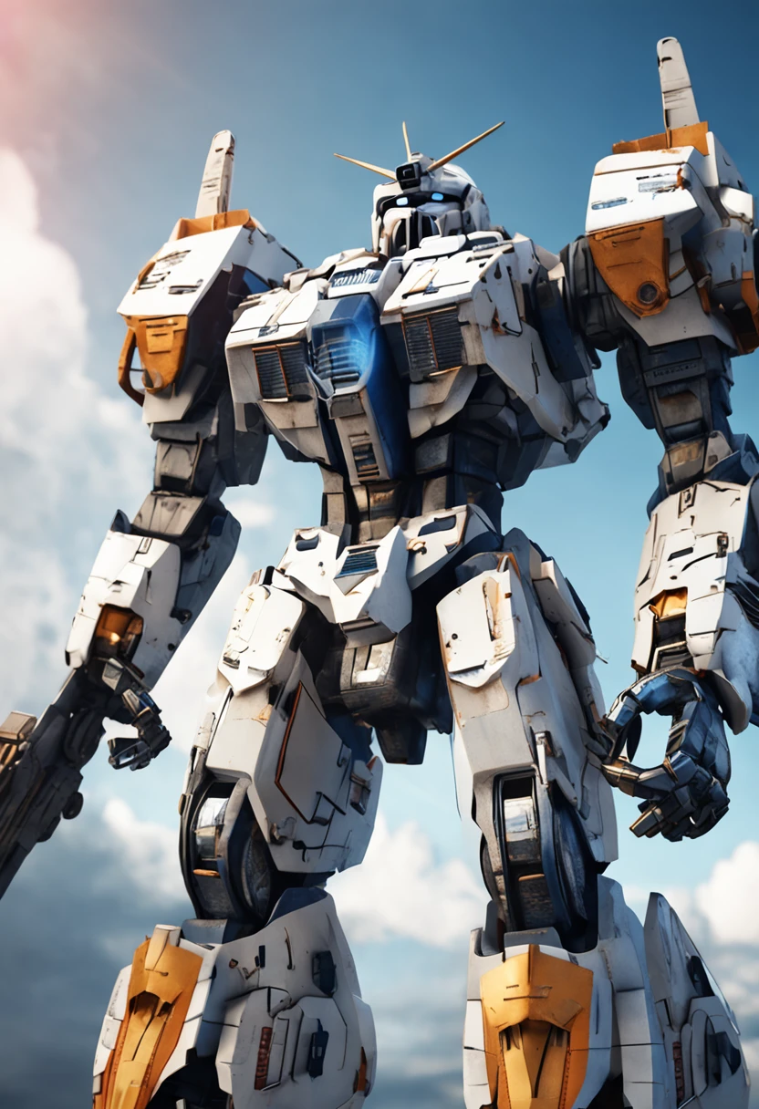 The picture shows white and blue Gundam, The style is very realistic, grandeur of scale, The details are complex, Reflective metallic texture, posing elegantly, rich details​, Cinema 4D textures, High detail，Tall and majestic，With the sky as a background