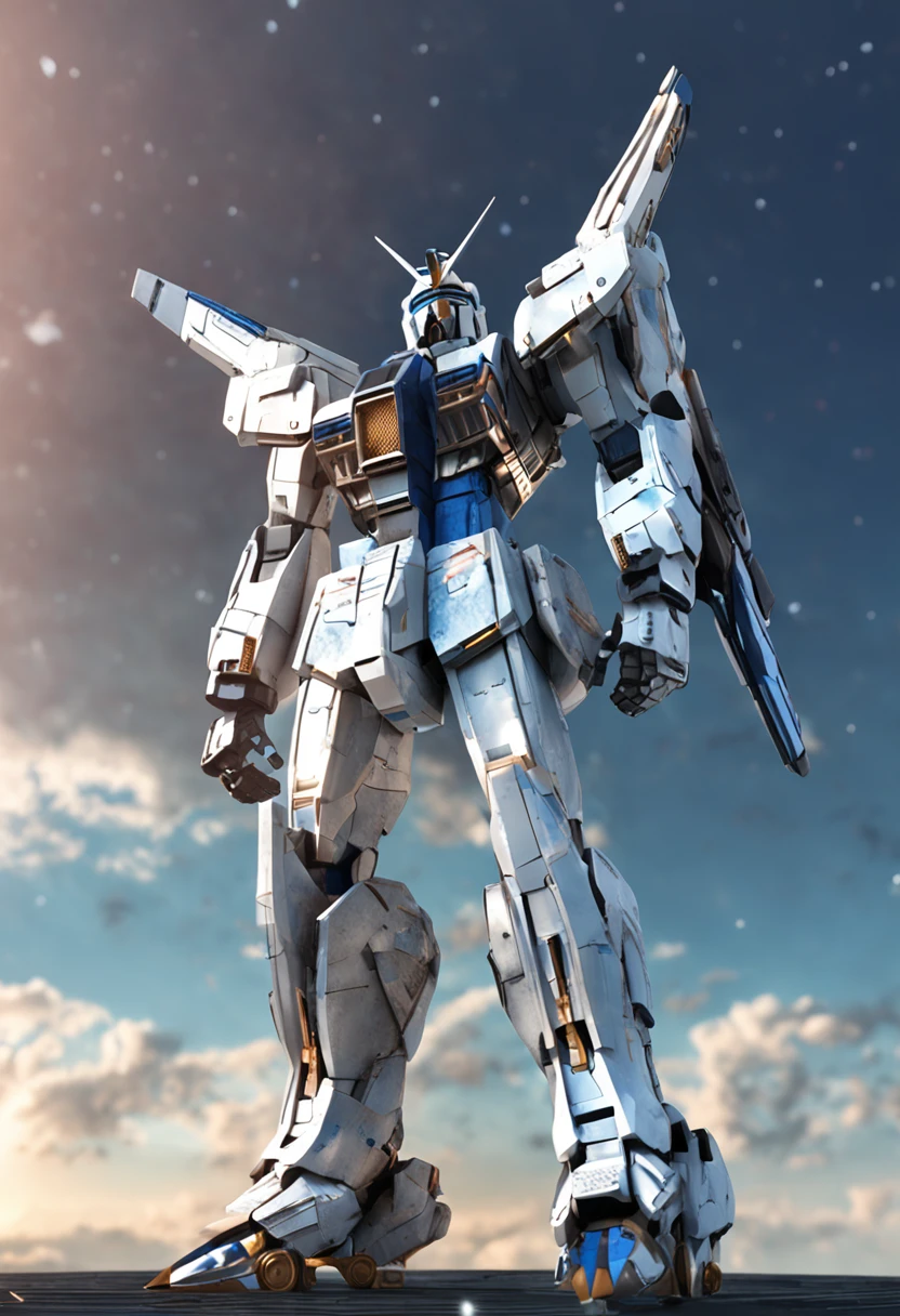 The picture shows white and blue Gundam, The style is very realistic, grandeur of scale, The details are complex, Reflective metallic texture, posing elegantly, rich details​, Cinema 4D textures, High detail，Tall and majestic，With the sky as a background