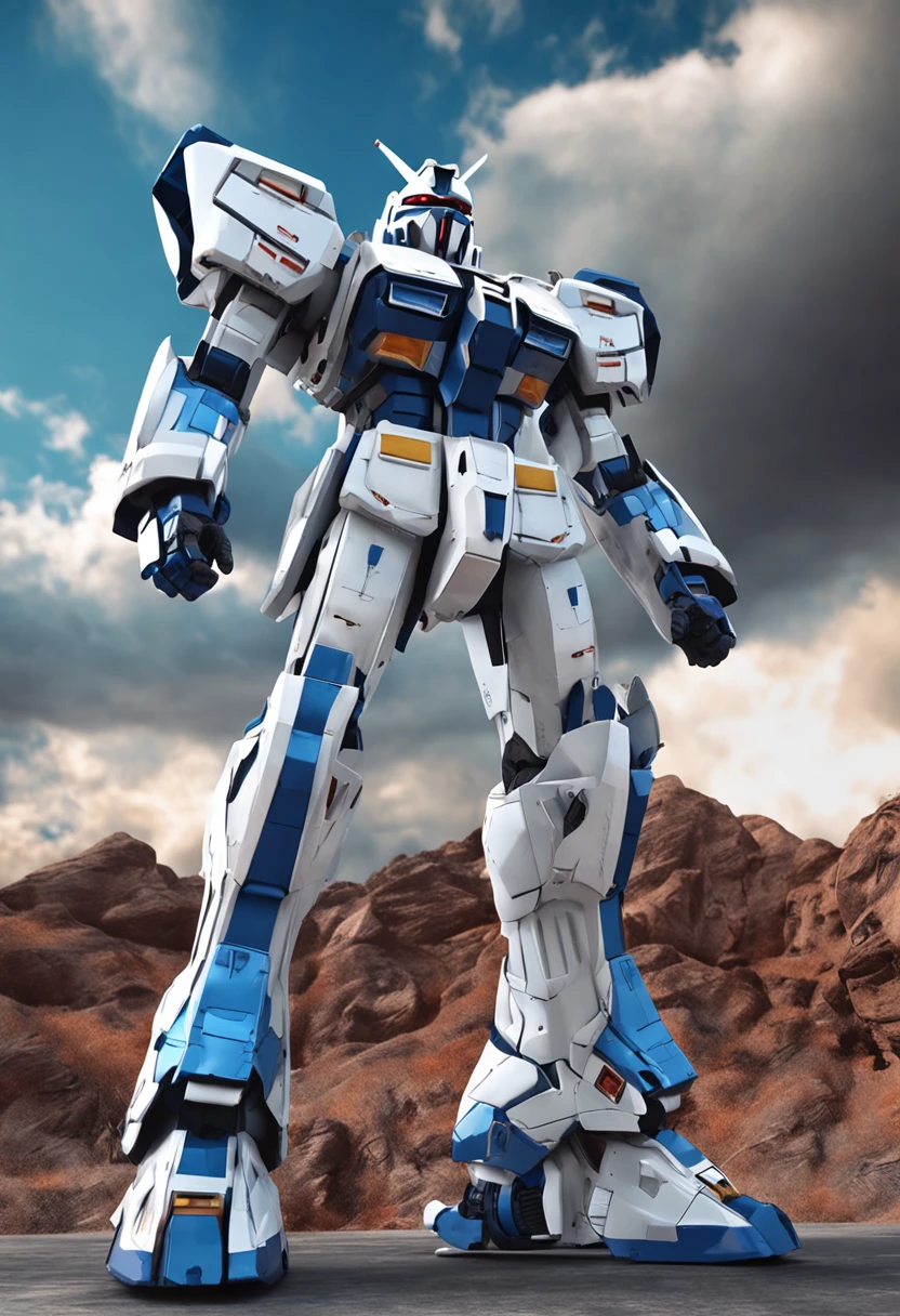 The picture shows white and blue Gundam, The style is very realistic, grandeur of scale, The details are complex, Reflective metallic texture, posing elegantly, rich details​, Cinema 4D textures, High detail，Tall and majestic，With the sky as a background