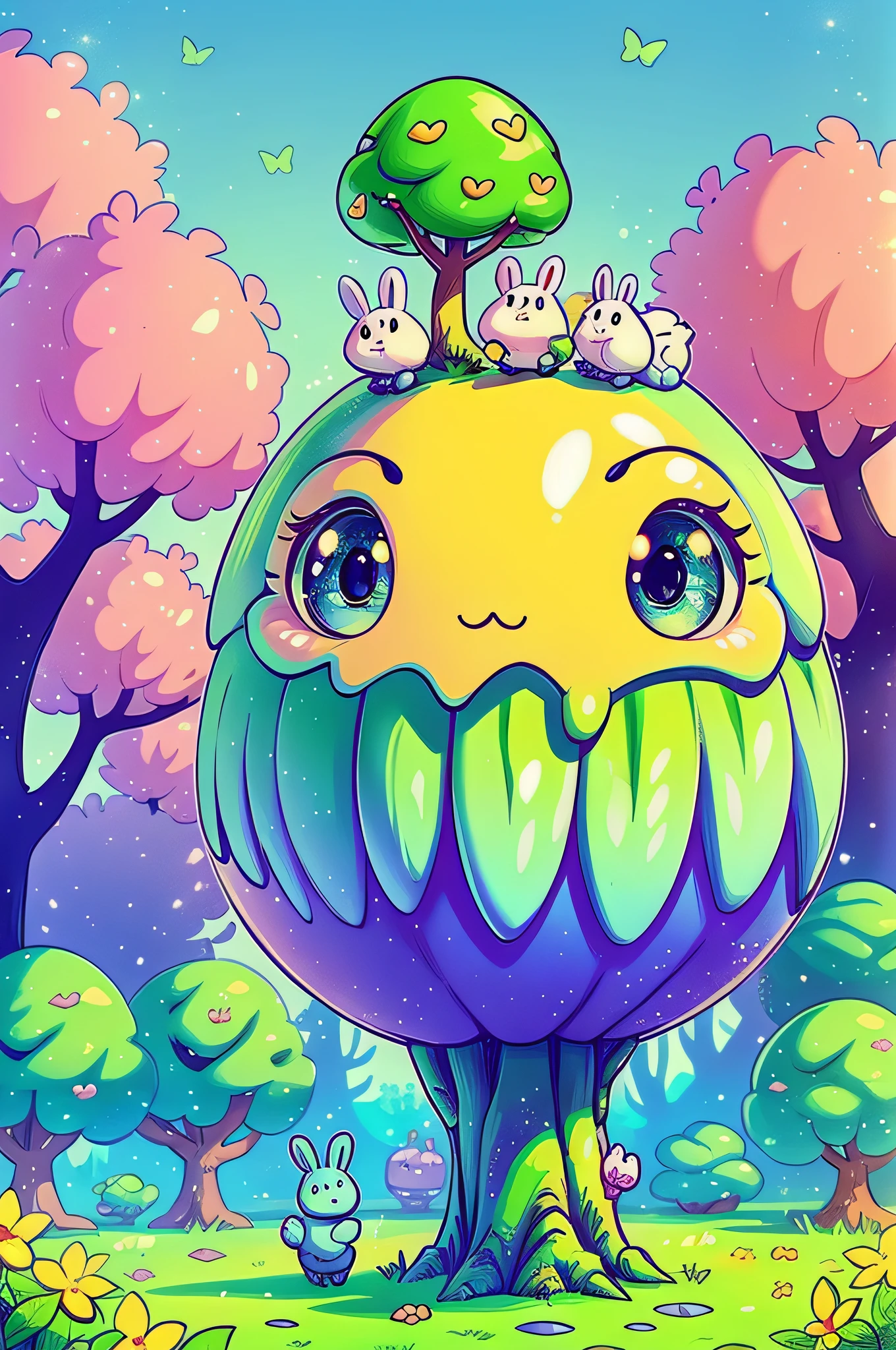 Cute little slime monsters walking happily in the magic city, trees with lots of leaves, Flowers, Blue sky, Cute rabbits follow little monsters in the enchanted forest, butterflys, candy store