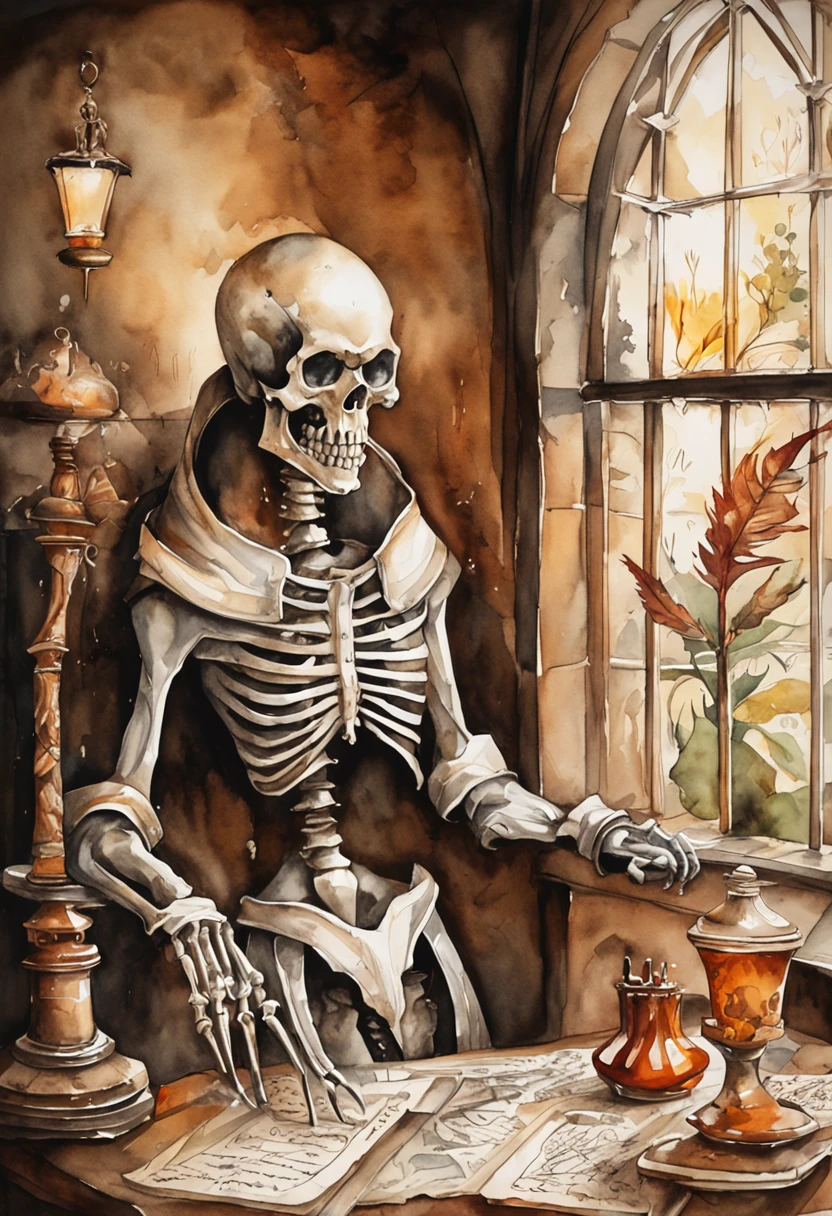 (Grim_Reaper in), (Skeleton_Monster), sits at a table, view the viewer, playing chess, Thinking, Confident demeanor, Masterpiece, Top quality, Best quality, High quality, Ultra-detailed, fire in the background, Vibrant colors, Solo, Extremely detailed