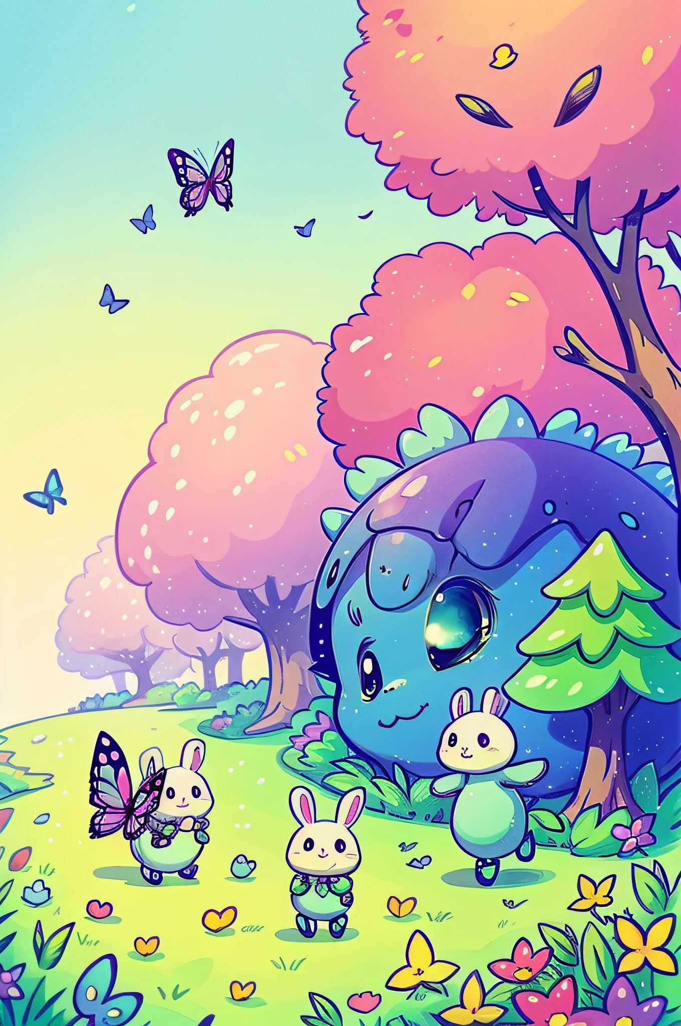 Cute little slime monsters walking happily in the magic city, trees with lots of leaves, Flowers, Blue sky, Cute rabbits follow little monsters in the enchanted forest, butterflys, candy store