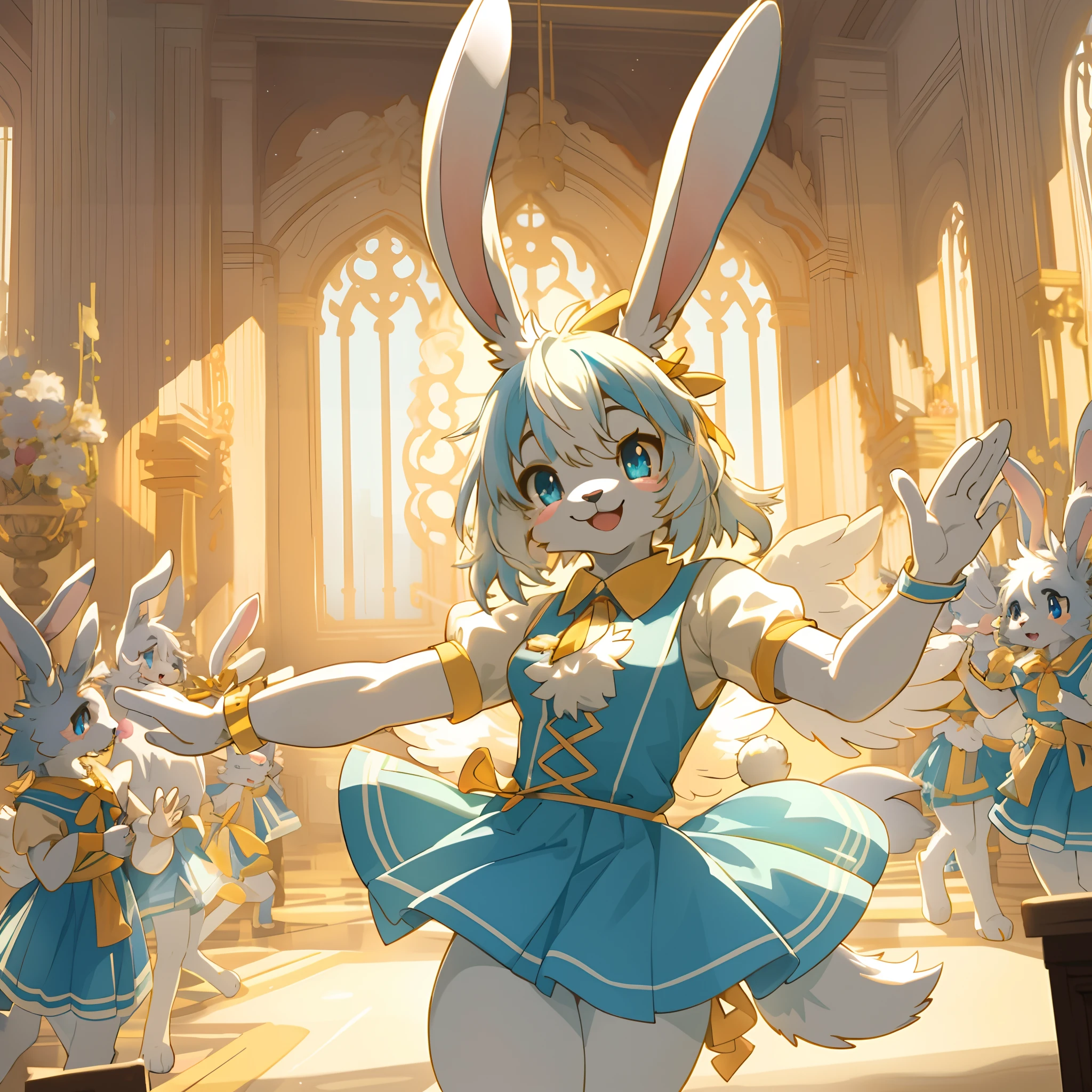 top quality, best quality, highres, masterpiece, super high resolution, detailed background(super cute Rabbit)(Highly Detailed Beautiful Face and Eyes)absurdres, Perfect Anatomy((furry, angelic cute 1girl))(((furry)))(furry anthro:1.7)((rabbit Facial Features, rabbit Body Features))((rabbit ears, Highly Detailed Body Fur))audition scenes for the movie "Flashdance", dancing, flowing colorful ribbon, jumping, joyful smile, 6+boys, 6+girls, absurdres(highly detailed beautiful face and eyes)perfect anatomy, volumetric lighting, good lighting, cinematic shadow(kemono, Rabbit, furry anthro),