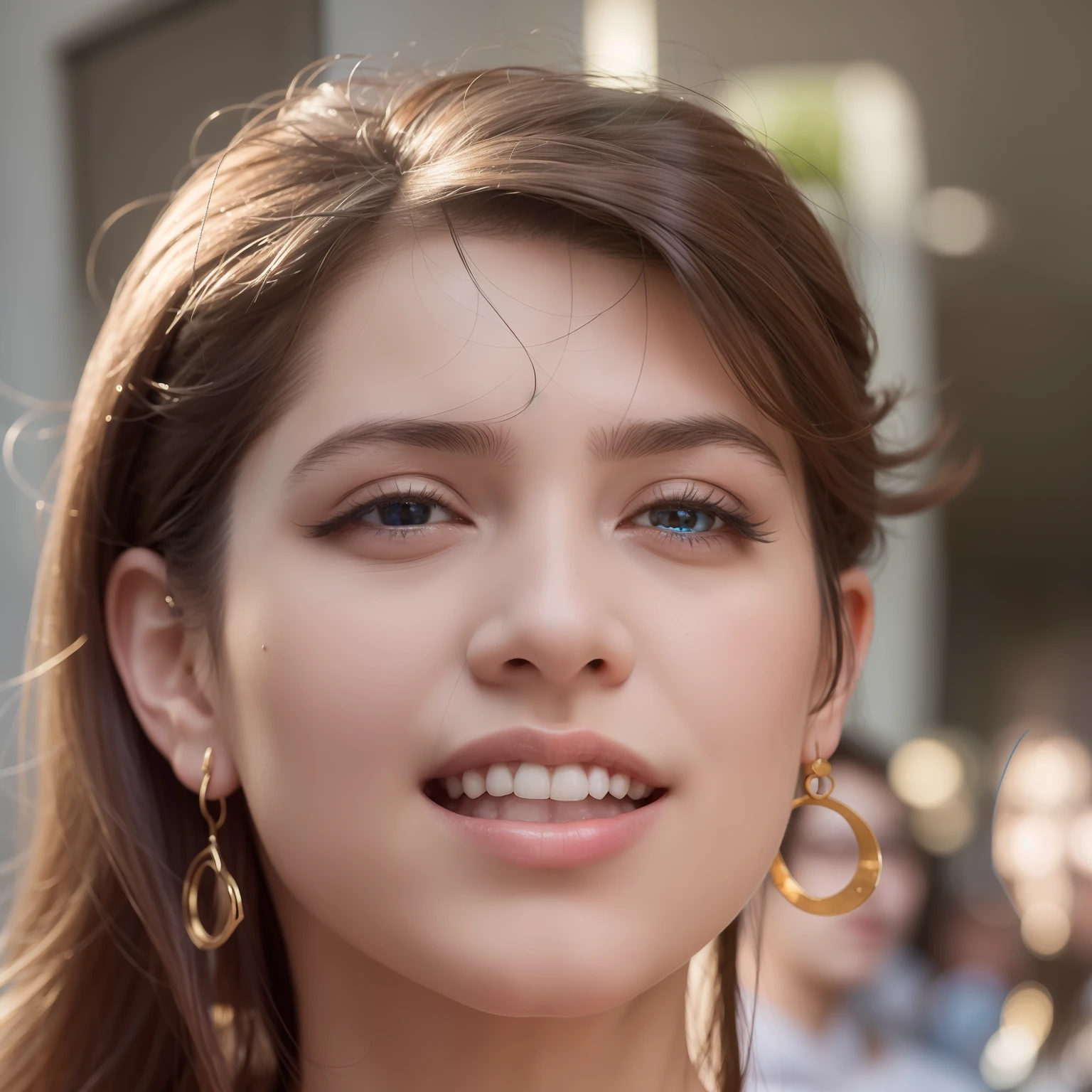 Smiling woman in blue shirt with earrings on head, sandra chevier, Virginia Lopers, Katinka Reinke, malika favre, Jennifer Westling, Portrait Sabrinaroid, Veronique Mégnault, Fernanda Suarez, caroline gariba, Geneviève Juggler, Suzanne Engelberg, Carolina Rubio、portlate、Background Asahi、Background seaside、Raw photo、Realistic skin type、Beautuful Women、odd eye、Blue left pupil、Right pupil red、Hair color ash gray、
8k、​masterpiece、Beautiful fece、teens girl、
