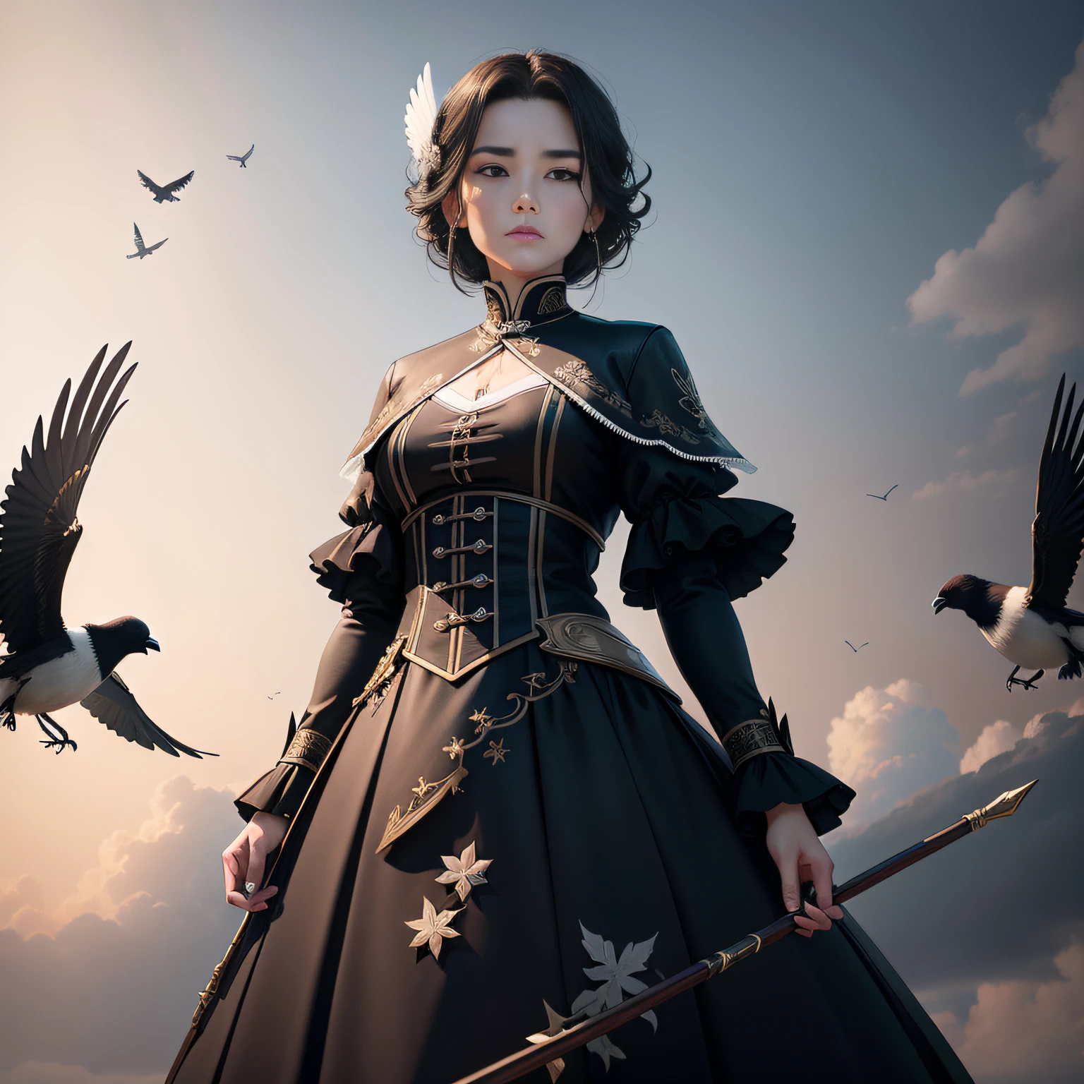 tmasterpiece,A high resolution,8K,CG animation,A flock of black magpies flew in line in the sky。