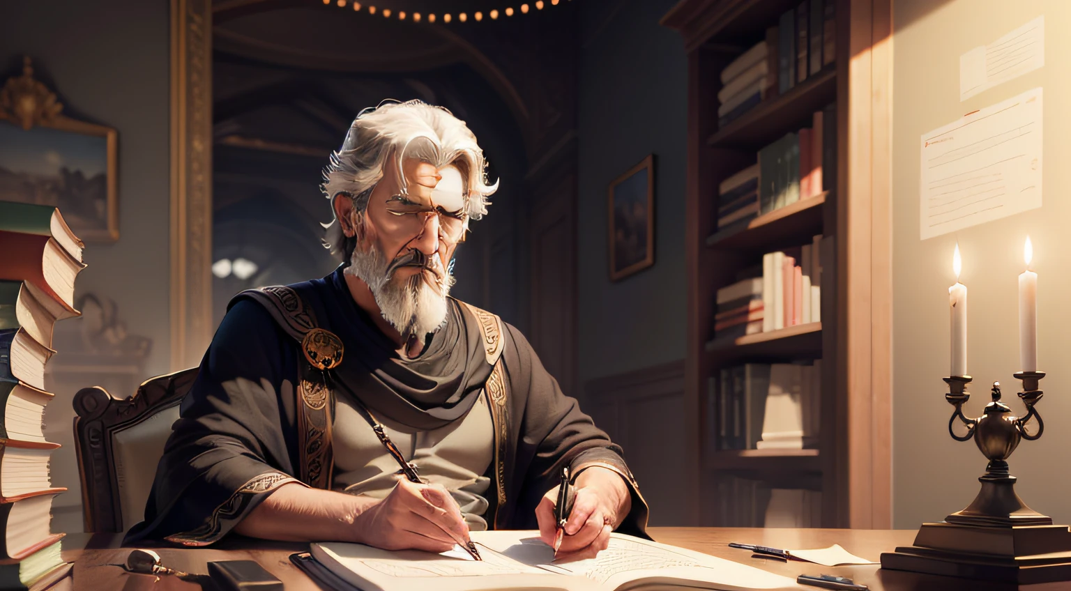 Illustrate an imaginary scene of a meeting between the main masters of Stoicism, symbolizing the transmission of knowledge between generations