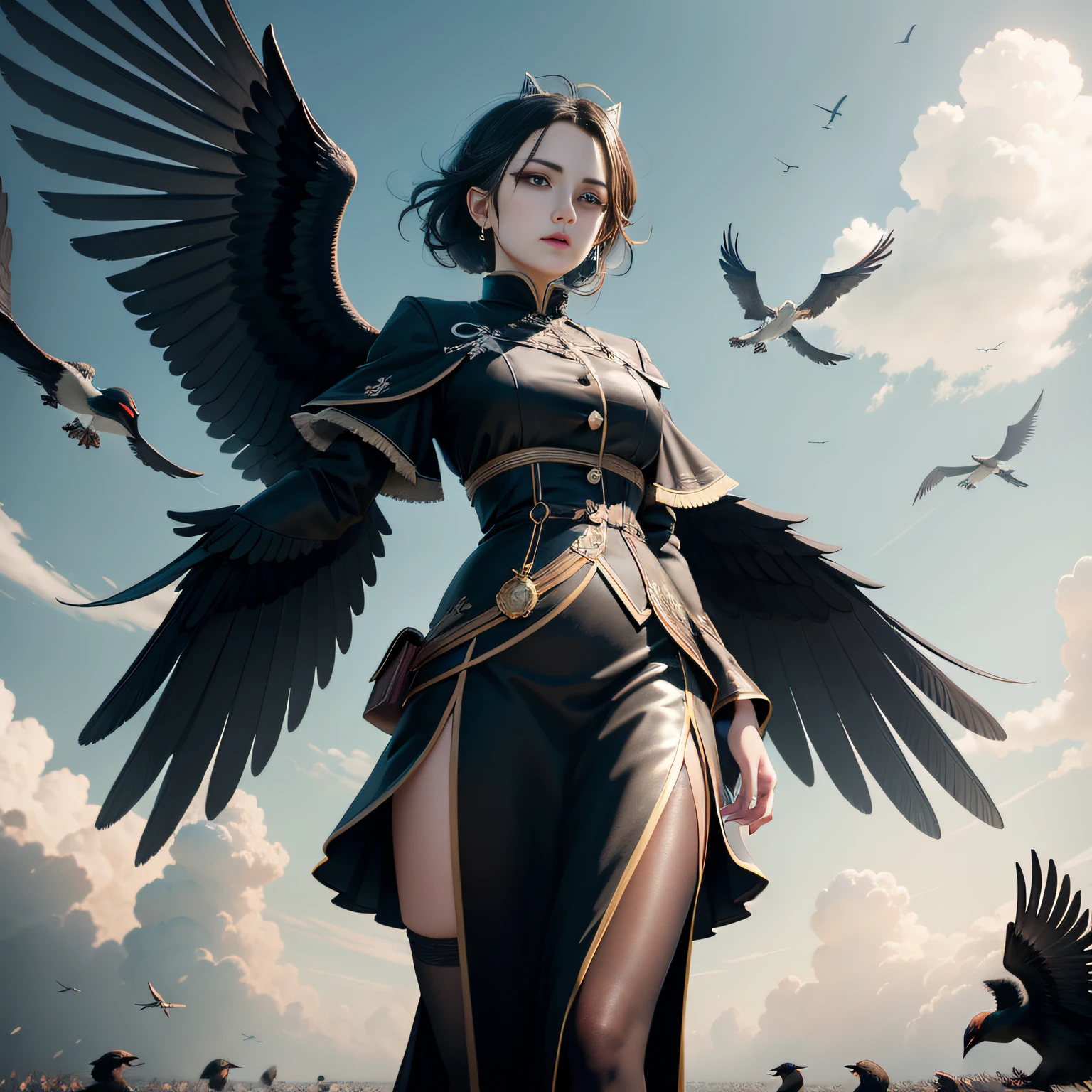 tmasterpiece，A high resolution，8K，CG animation，A flock of black magpies flew in line in the sky。