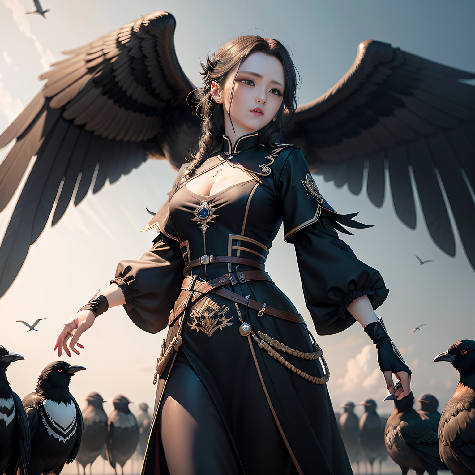 tmasterpiece,A high resolution,8K,CG animation,A flock of black magpies flew in line in the sky。