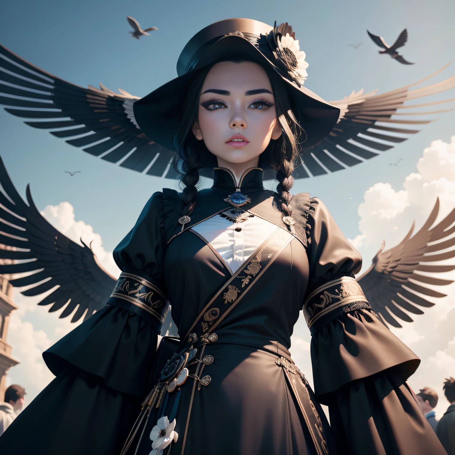 tmasterpiece，A high resolution，8K，absurd res，Complex scenes，Detailed content，CG animation，A flock of black magpies flew in line in the sky。