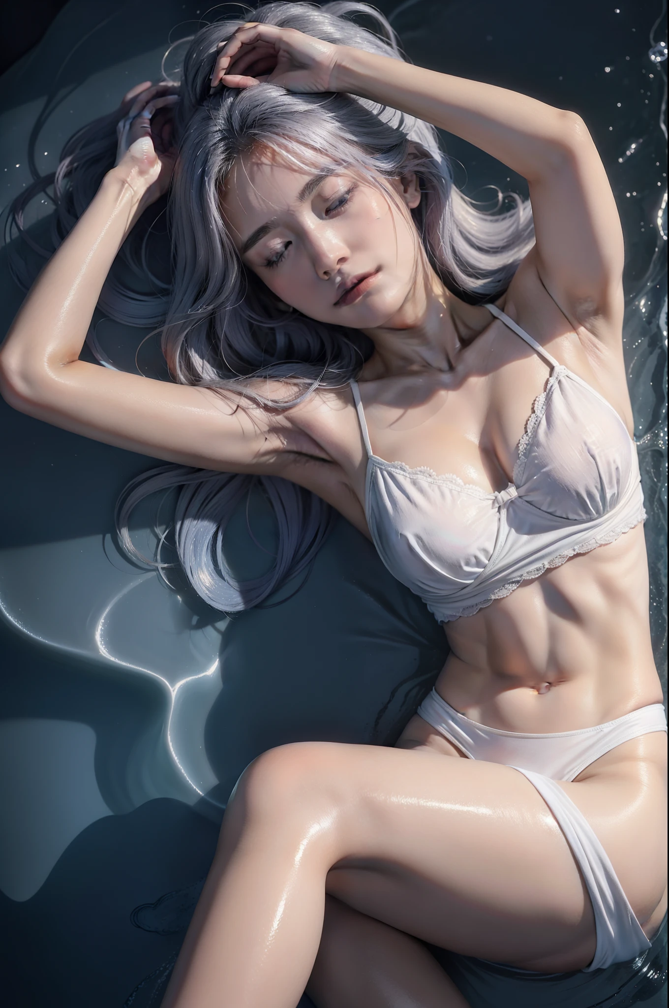 qualidade de obra-prima,8K quality,Cinematic footage,Sleeping girl,The girl sleeps in water 20 cm high,18 years old,realisticlying,She wears white pantyhose,Wear white pajamas,The skin of the breasts is exposed in the middle of the pajamas,Inadvertently showing the navel,Blue-gray hair,Perfect and sophisticated appearance,Slender and well-proportioned thighs,hands on head