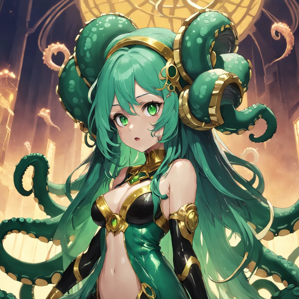 cephalopod, green tentacles with gold bands, gold helm, minotaur-like, minotaur horns, kawaii, masterpiece, Best Quality