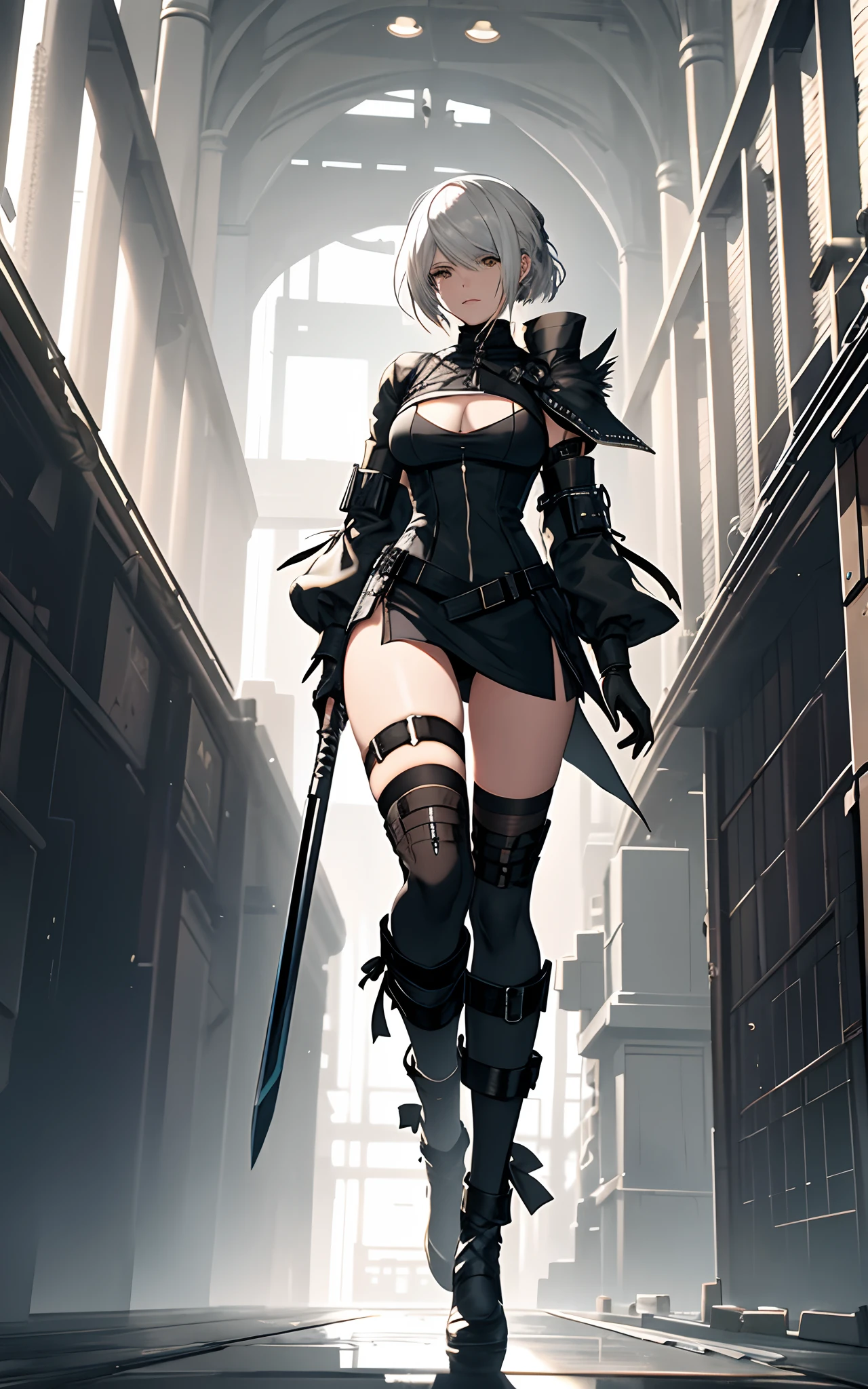 a drawing of a woman in a black outfit holding a sword, killy from blame!, from girls frontline, 2b nier automata, nier:automata inspired, nier : automata inspired, skinny male fantasy alchemist, nier autoamata, tifa lockhart with white hair, nier inspired, ( ( character concept art ) ), 2 b, 2b