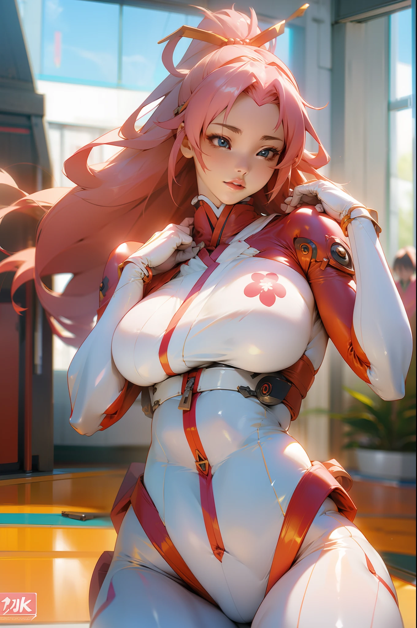 ((Zero Two Darling in the Franxx)), 8k, Masterpiece, smiling to the camera, Best Quality, Photorealistic, Ultra Detailed, 1 girl, realistic skin texture, large boobs, Faces viewer, (((Underboob)), ( (boobbelt)), Under Breast, Pink Latex Micro Mini Skirt, Movie Lighting, Face Focus, Thin Eyes, Detailed Face, Well Lit Face, Sunbeams, Outdoor Cafe in the Background, Low Angle Shot , View from below