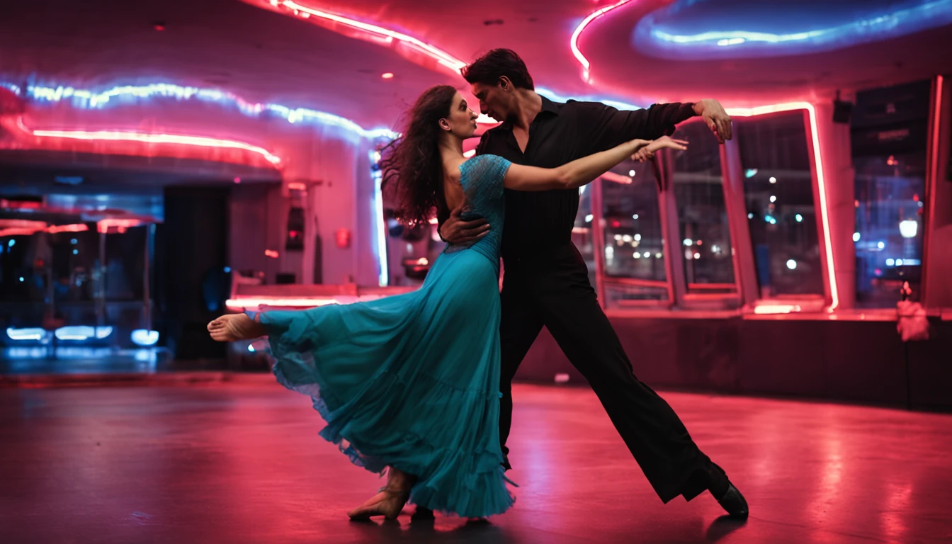 Couples dancing salsa at an outdoor club night on a terrace lined with coconut trees, they are in their thirties, The man is dressed in black, une femme est en rouge, ambiance coucher de soleil, photo realiste, hyper realistic, high resolution 8k, personnages entiers --auto